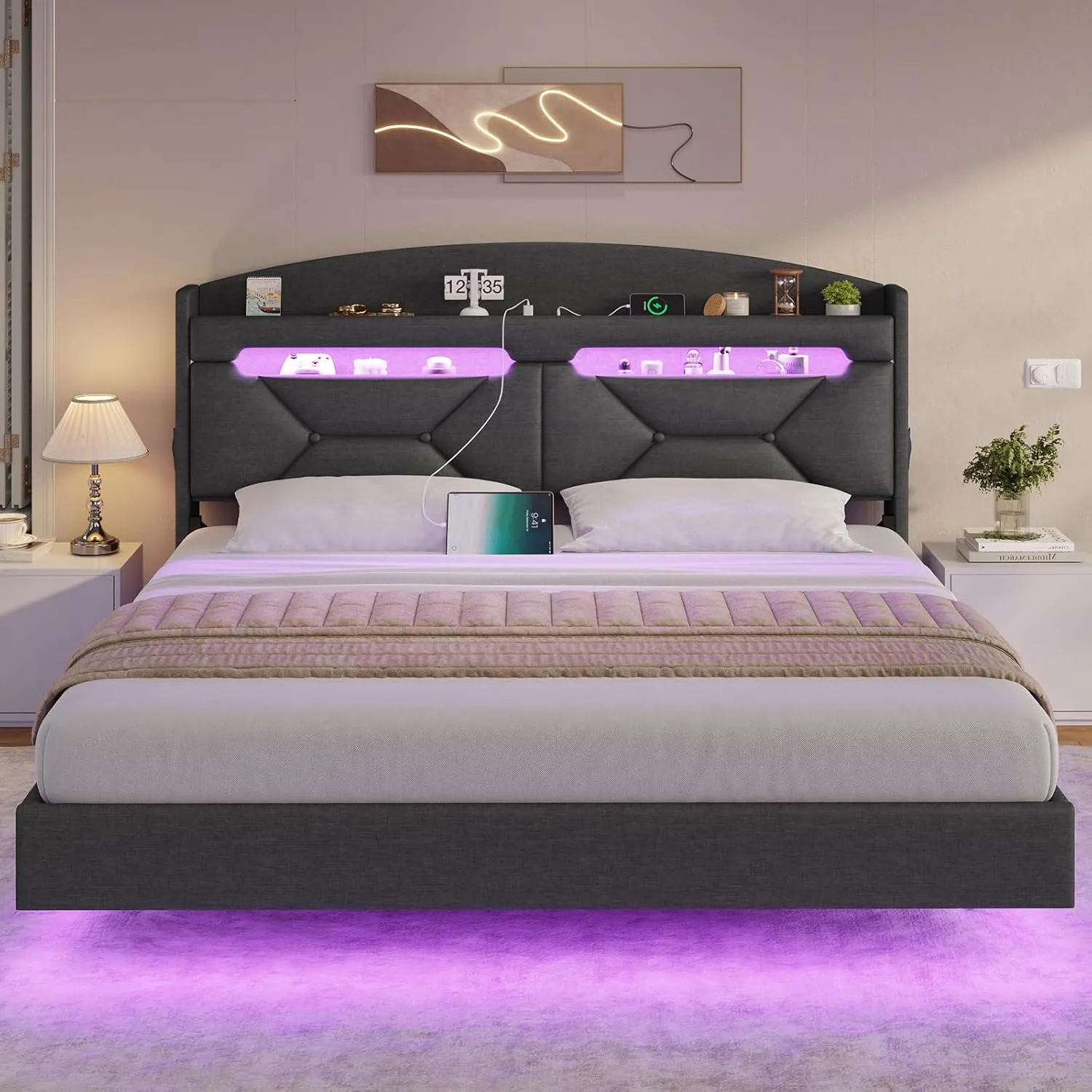 King Size Floating Bed Frame with Power Outlet, Storage Headboard with Hidden Cubby, RGB Floating Platform Bed with LED Lights, No Box Spring Needed, Quick Setup System, Dark Grey