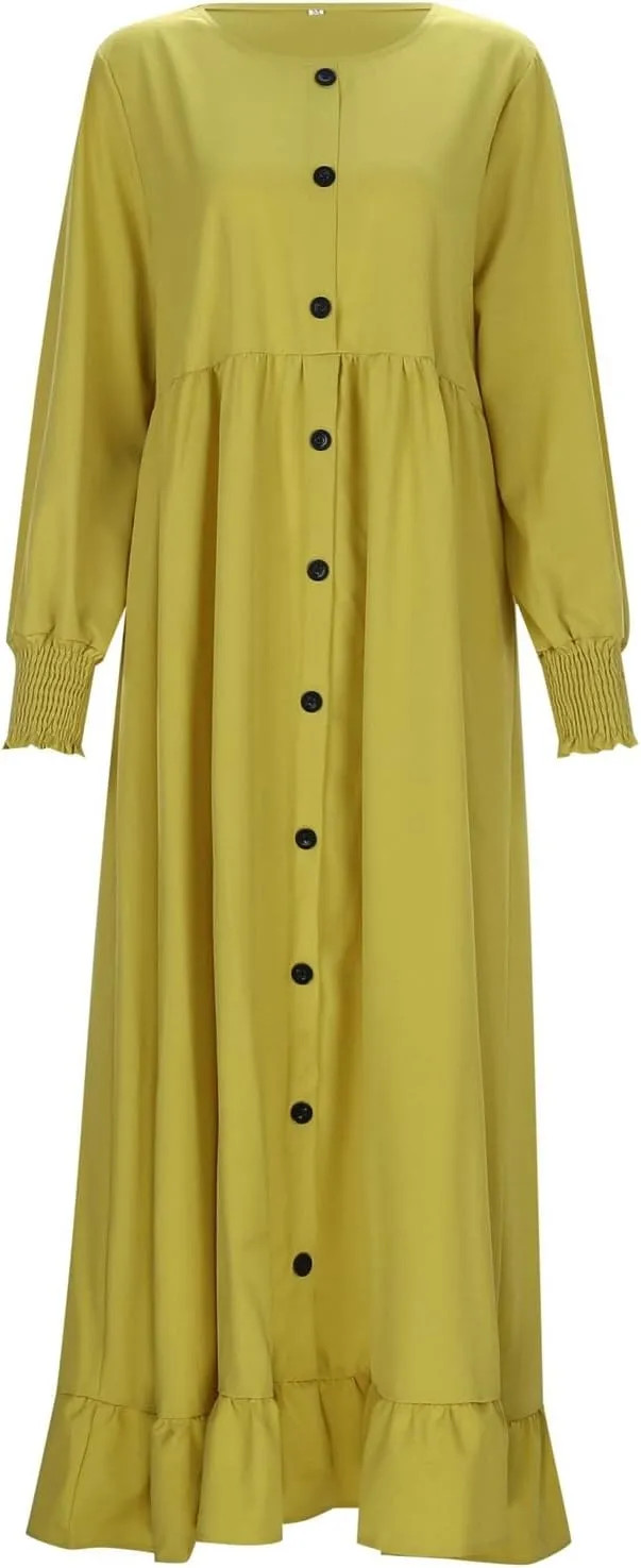 Kingspinner Womens Muslim Dress Casual Long Sleeve Crew Neck Dresses Slim Eid Party Dress Middle East Arabian Robe Outfits