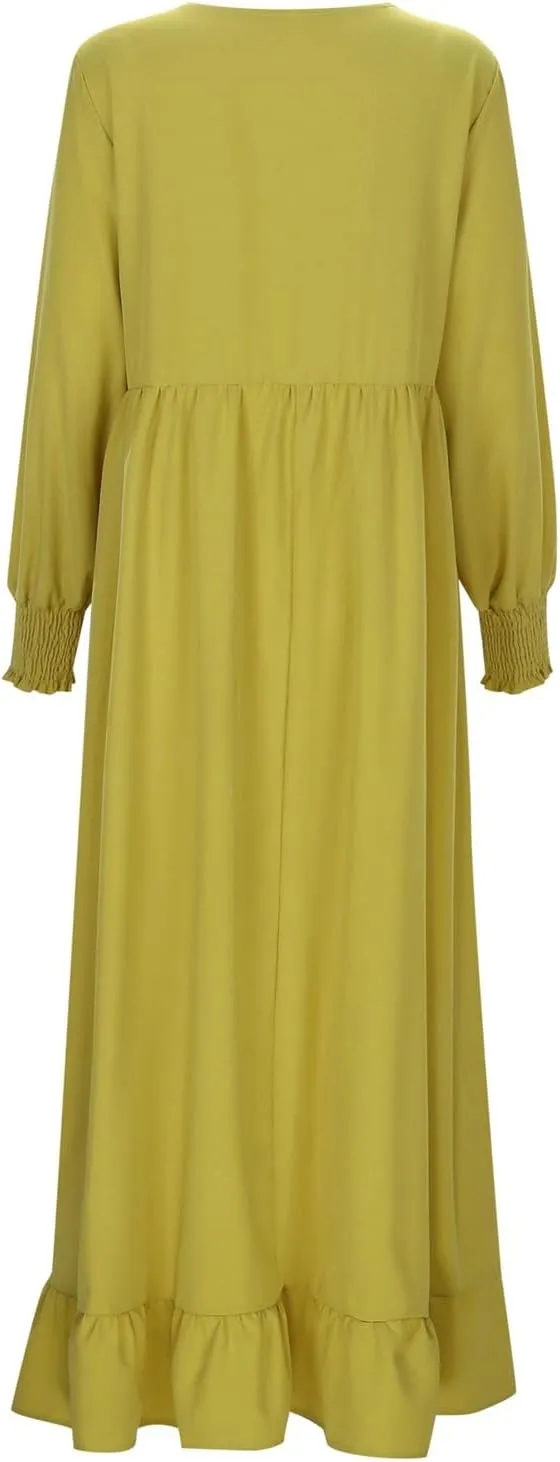 Kingspinner Womens Muslim Dress Casual Long Sleeve Crew Neck Dresses Slim Eid Party Dress Middle East Arabian Robe Outfits