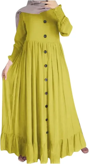 Kingspinner Womens Muslim Dress Casual Long Sleeve Crew Neck Dresses Slim Eid Party Dress Middle East Arabian Robe Outfits