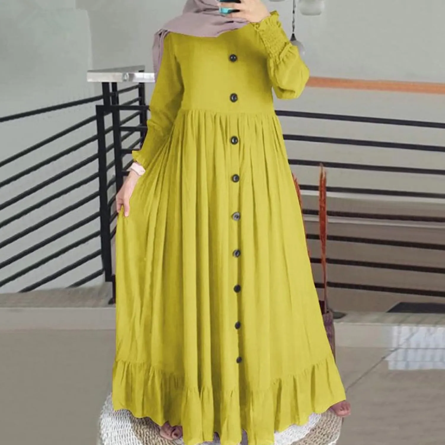 Kingspinner Womens Muslim Dress Casual Long Sleeve Crew Neck Dresses Slim Eid Party Dress Middle East Arabian Robe Outfits
