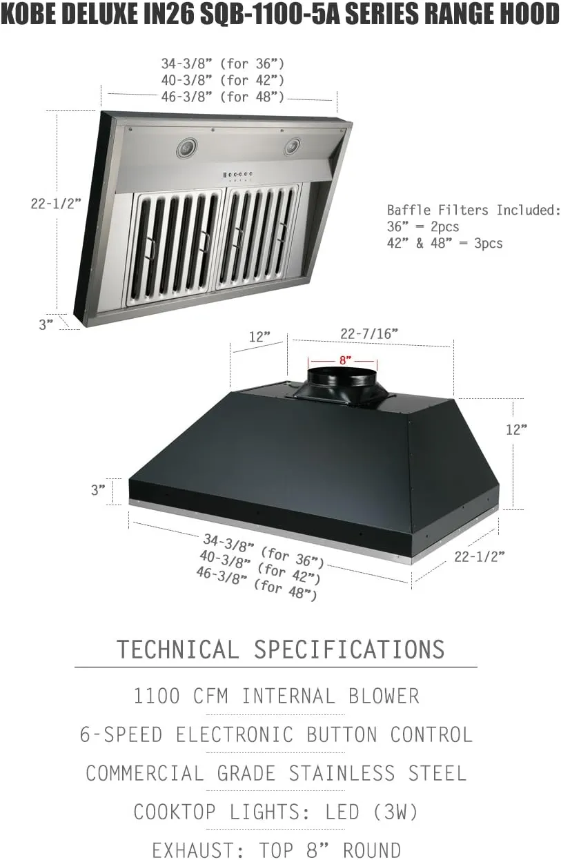 KOBE IN2648SQB-1100-5A Deluxe 48" Built-In/ Insert Range Hood, 6-Speed, 1100 CFM, LED Lights, Baffle Filters, Stainless steel