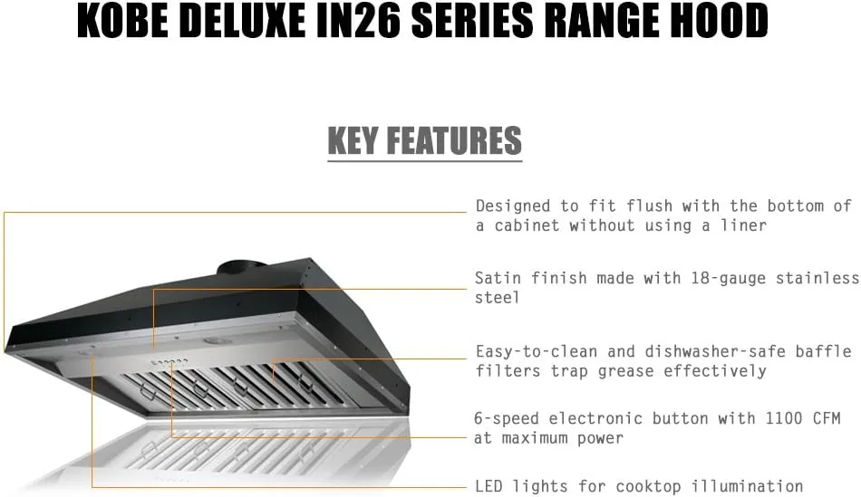 KOBE IN2648SQB-1100-5A Deluxe 48" Built-In/ Insert Range Hood, 6-Speed, 1100 CFM, LED Lights, Baffle Filters, Stainless steel