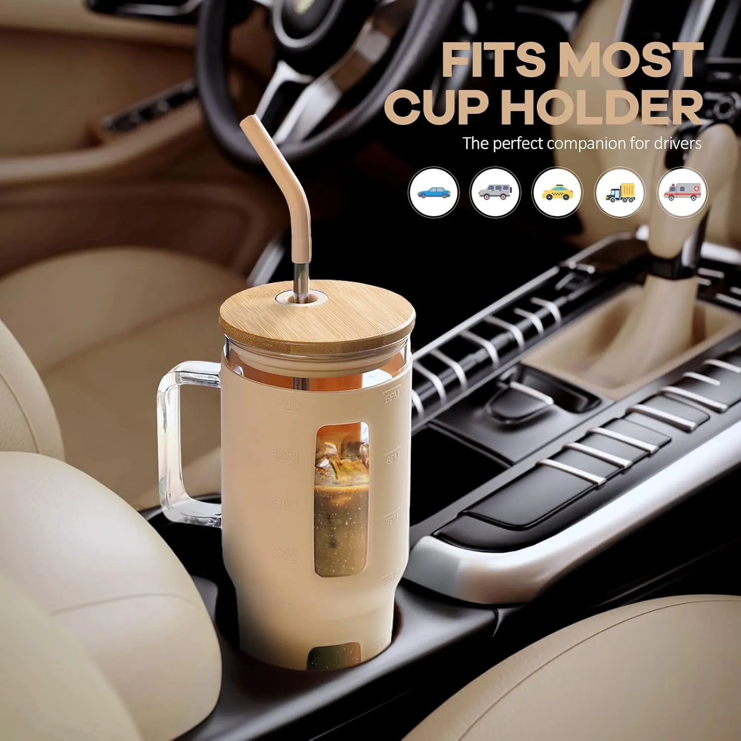 Kodrine Glass Tumbler with Straw and Lid-32oz Glass Tumbler with Handle and Bamboo Lid, Iced Coffee Cup For Smoothie, Water Cups with Time Marker Fits in Cup Holder, Amber