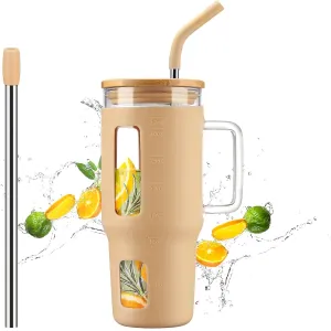 Kodrine Glass Tumbler with Straw and Lid-32oz Glass Tumbler with Handle and Bamboo Lid, Iced Coffee Cup For Smoothie, Water Cups with Time Marker Fits in Cup Holder, Amber