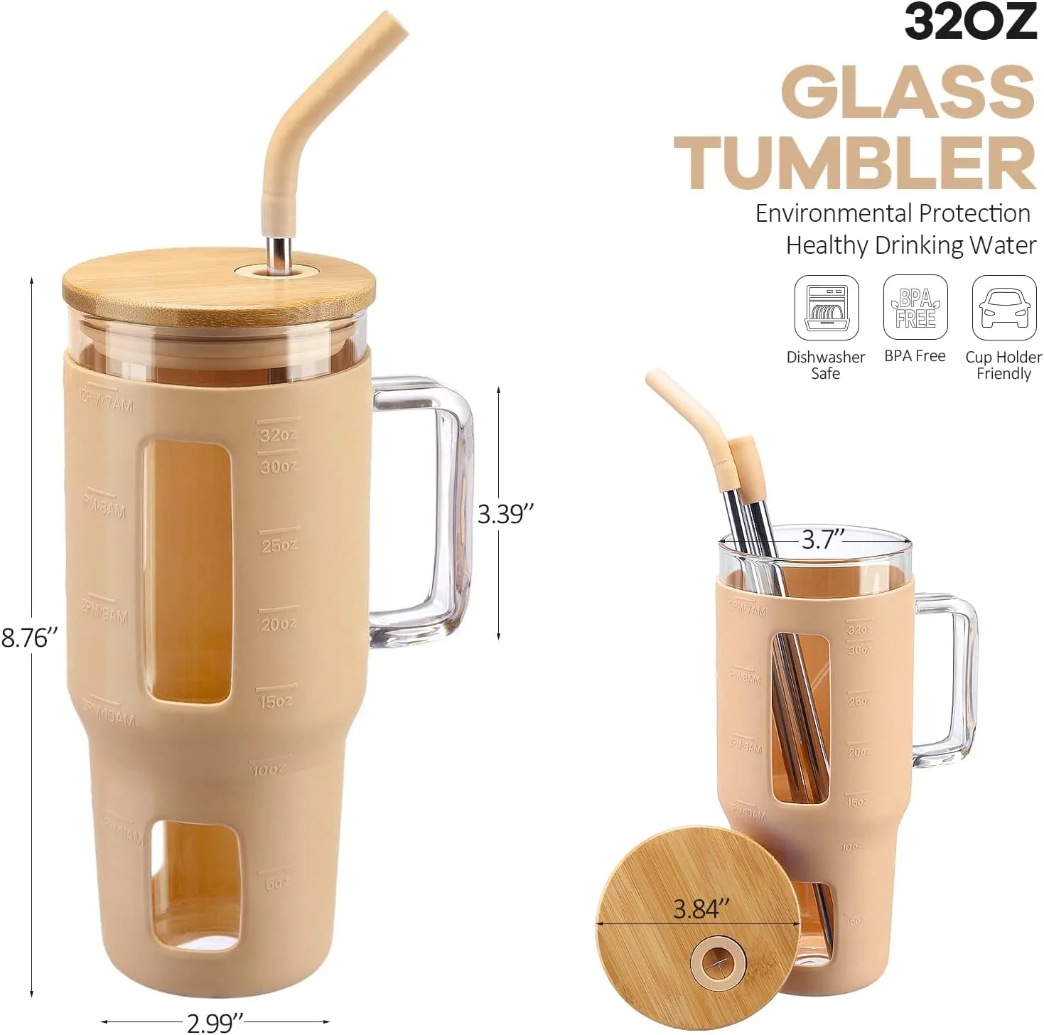 Kodrine Glass Tumbler with Straw and Lid-32oz Glass Tumbler with Handle and Bamboo Lid, Iced Coffee Cup For Smoothie, Water Cups with Time Marker Fits in Cup Holder, Amber