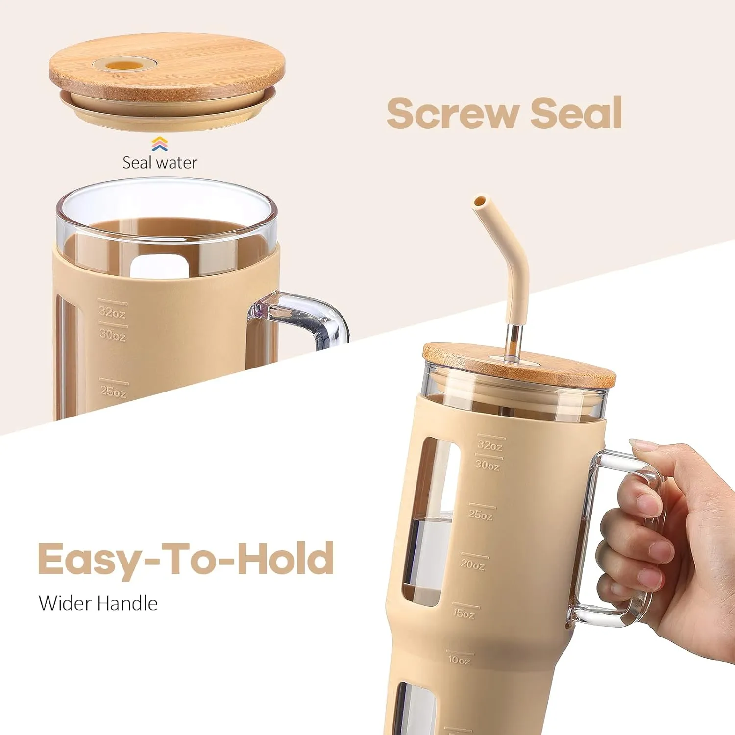 Kodrine Glass Tumbler with Straw and Lid-32oz Glass Tumbler with Handle and Bamboo Lid, Iced Coffee Cup For Smoothie, Water Cups with Time Marker Fits in Cup Holder, Amber