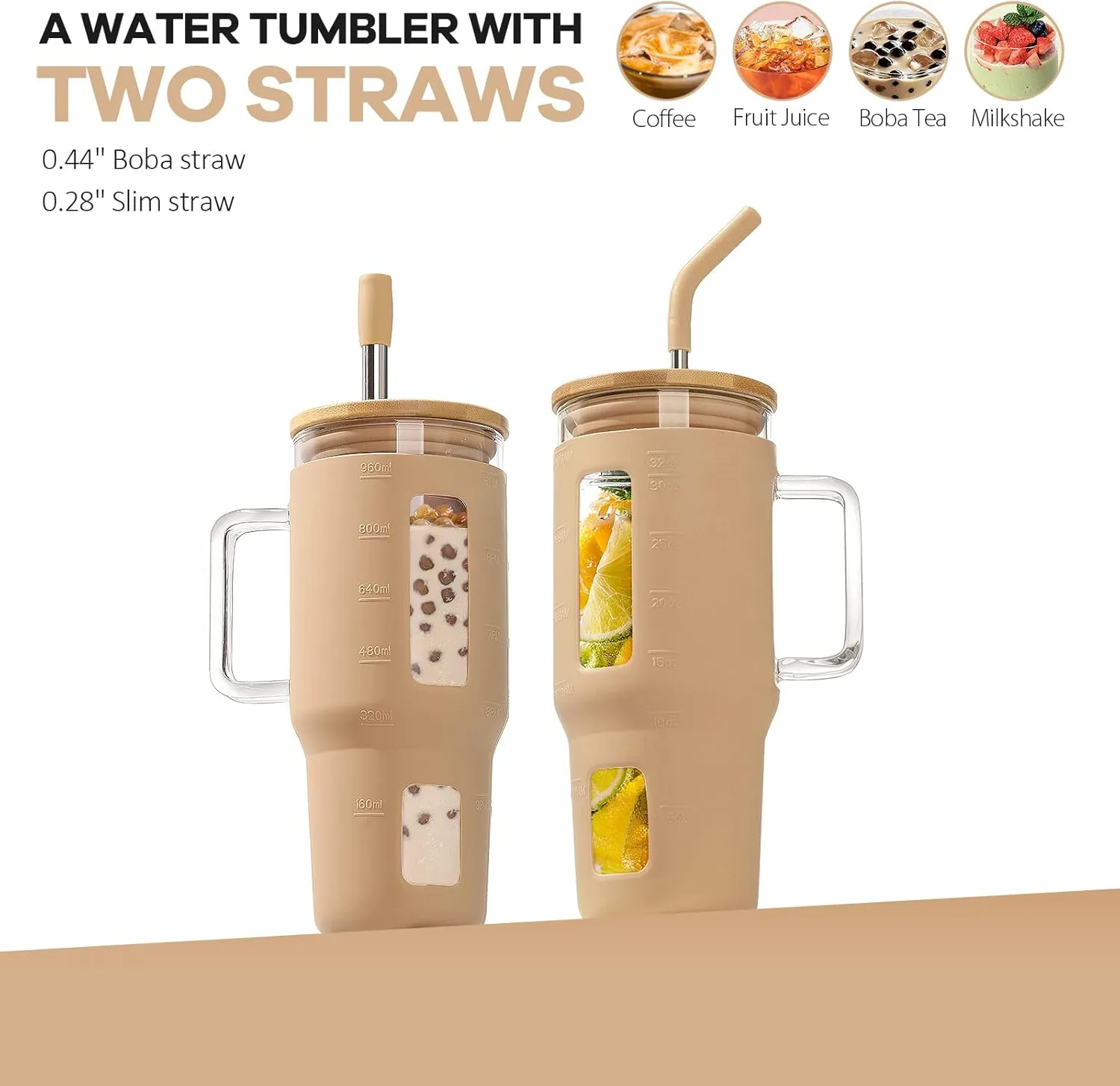 Kodrine Glass Tumbler with Straw and Lid-32oz Glass Tumbler with Handle and Bamboo Lid, Iced Coffee Cup For Smoothie, Water Cups with Time Marker Fits in Cup Holder, Amber