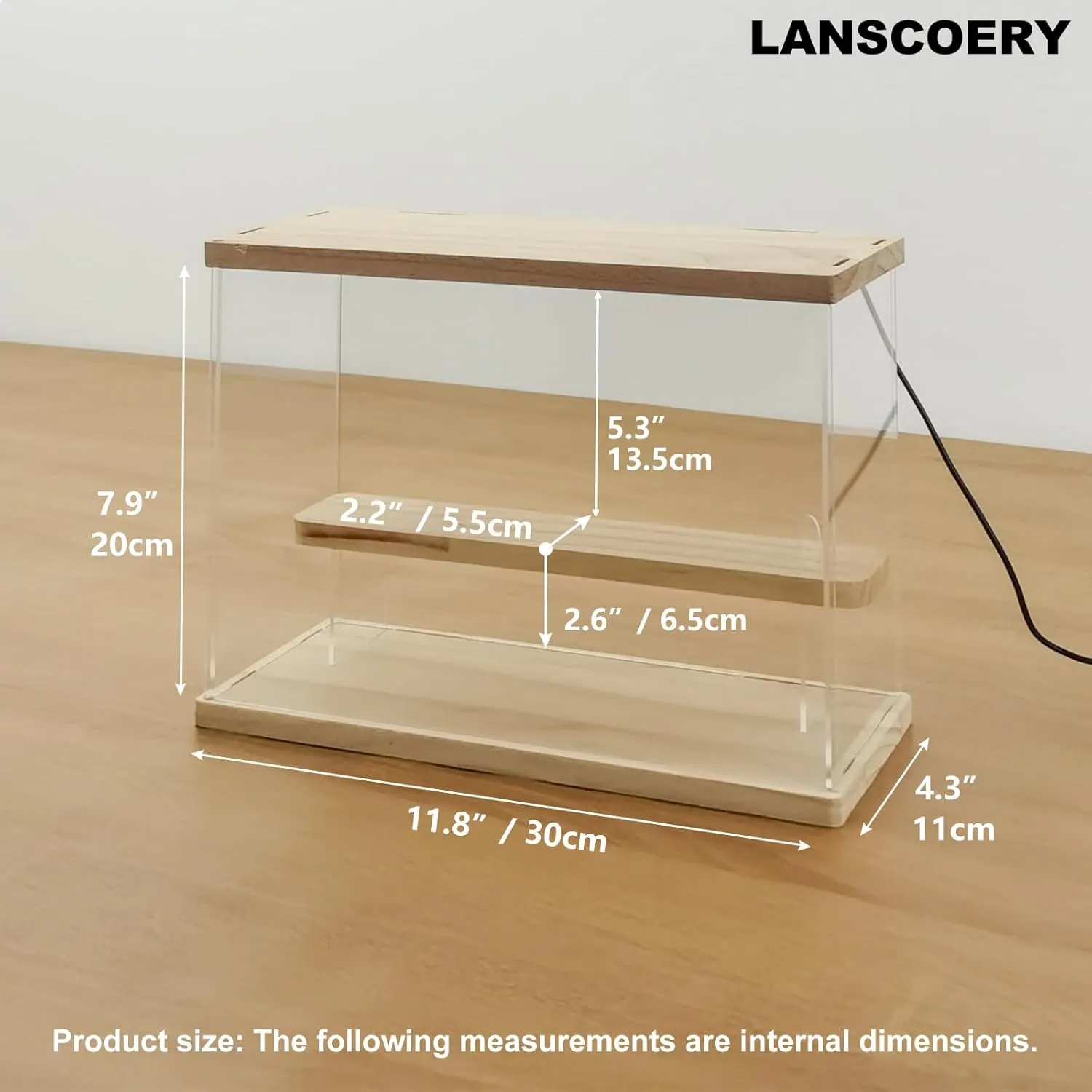LANSCOERY Acrylic Display Case with LED Light, Clear 2 Tier Organization, Dustproof Wooden Display Box, Exclusive Showcase for Collectibles, Mini Figures and Funko Pop, 11.8x4.3x7.9inch