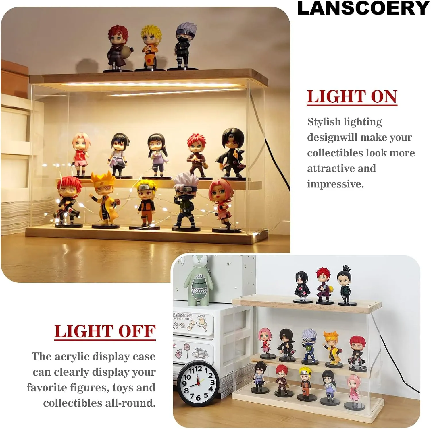 LANSCOERY Acrylic Display Case with LED Light, Clear 2 Tier Organization, Dustproof Wooden Display Box, Exclusive Showcase for Collectibles, Mini Figures and Funko Pop, 11.8x4.3x7.9inch