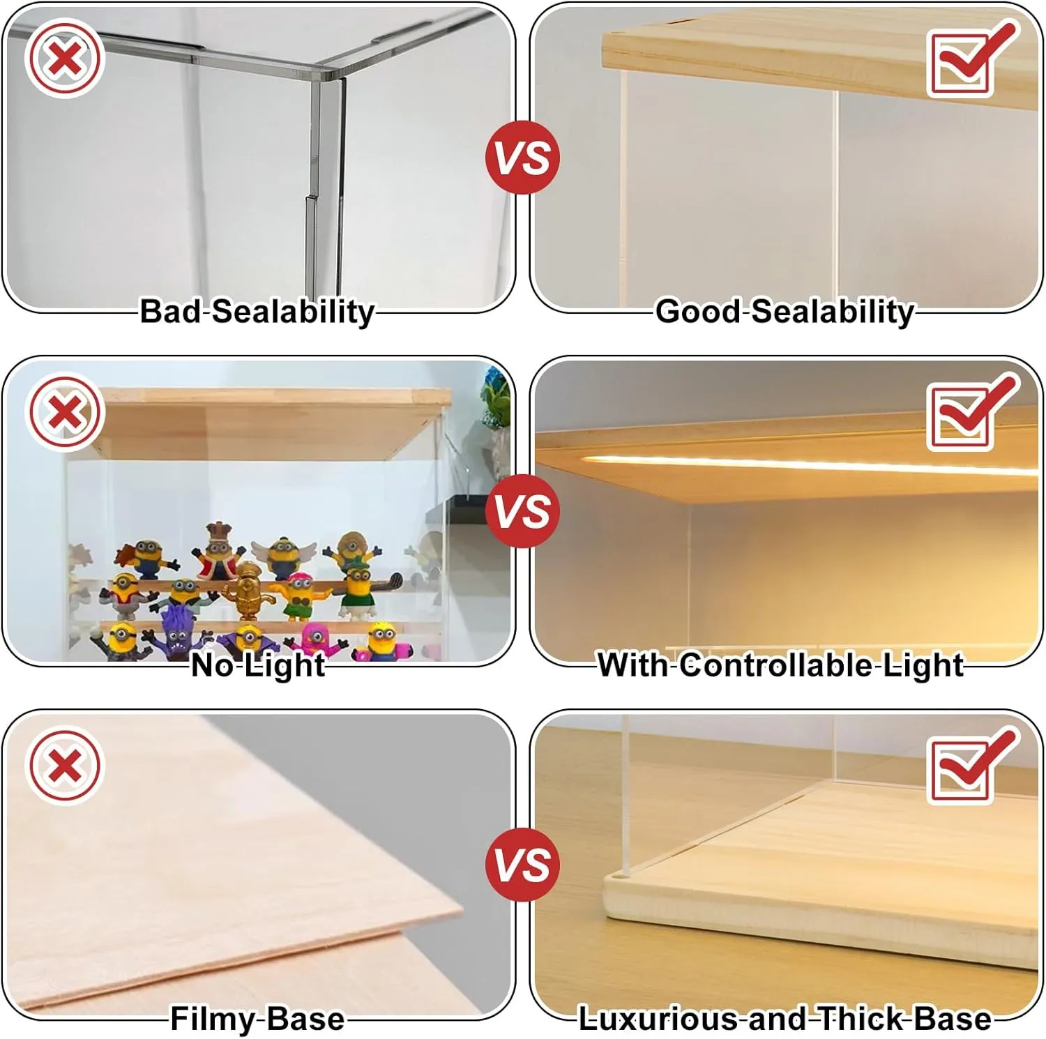 LANSCOERY Acrylic Display Case with LED Light, Clear 2 Tier Organization, Dustproof Wooden Display Box, Exclusive Showcase for Collectibles, Mini Figures and Funko Pop, 11.8x4.3x7.9inch