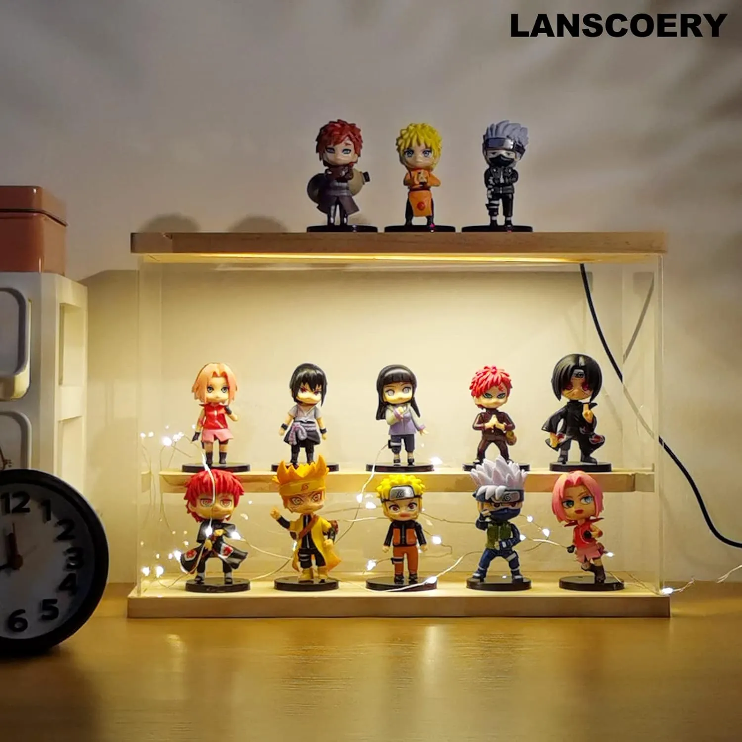 LANSCOERY Acrylic Display Case with LED Light, Clear 2 Tier Organization, Dustproof Wooden Display Box, Exclusive Showcase for Collectibles, Mini Figures and Funko Pop, 11.8x4.3x7.9inch