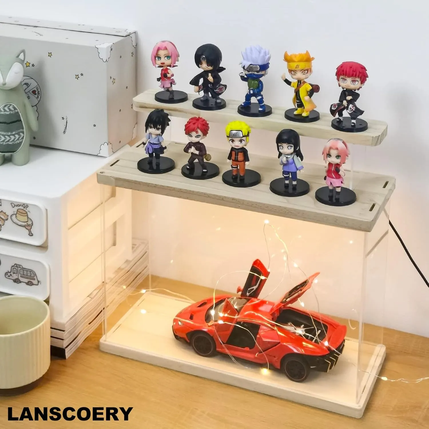 LANSCOERY Acrylic Display Case with LED Light, Clear 2 Tier Organization, Dustproof Wooden Display Box, Exclusive Showcase for Collectibles, Mini Figures and Funko Pop, 11.8x4.3x7.9inch