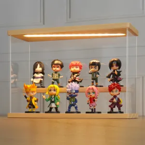 LANSCOERY Acrylic Display Case with LED Light, Clear 2 Tier Organization, Dustproof Wooden Display Box, Exclusive Showcase for Collectibles, Mini Figures and Funko Pop, 11.8x4.3x7.9inch
