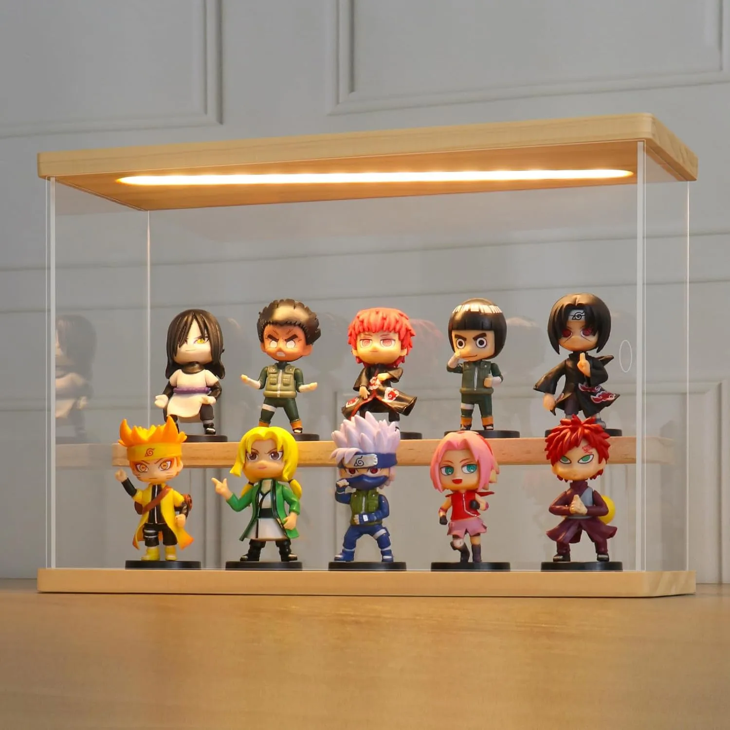 LANSCOERY Acrylic Display Case with LED Light, Clear 2 Tier Organization, Dustproof Wooden Display Box, Exclusive Showcase for Collectibles, Mini Figures and Funko Pop, 11.8x4.3x7.9inch
