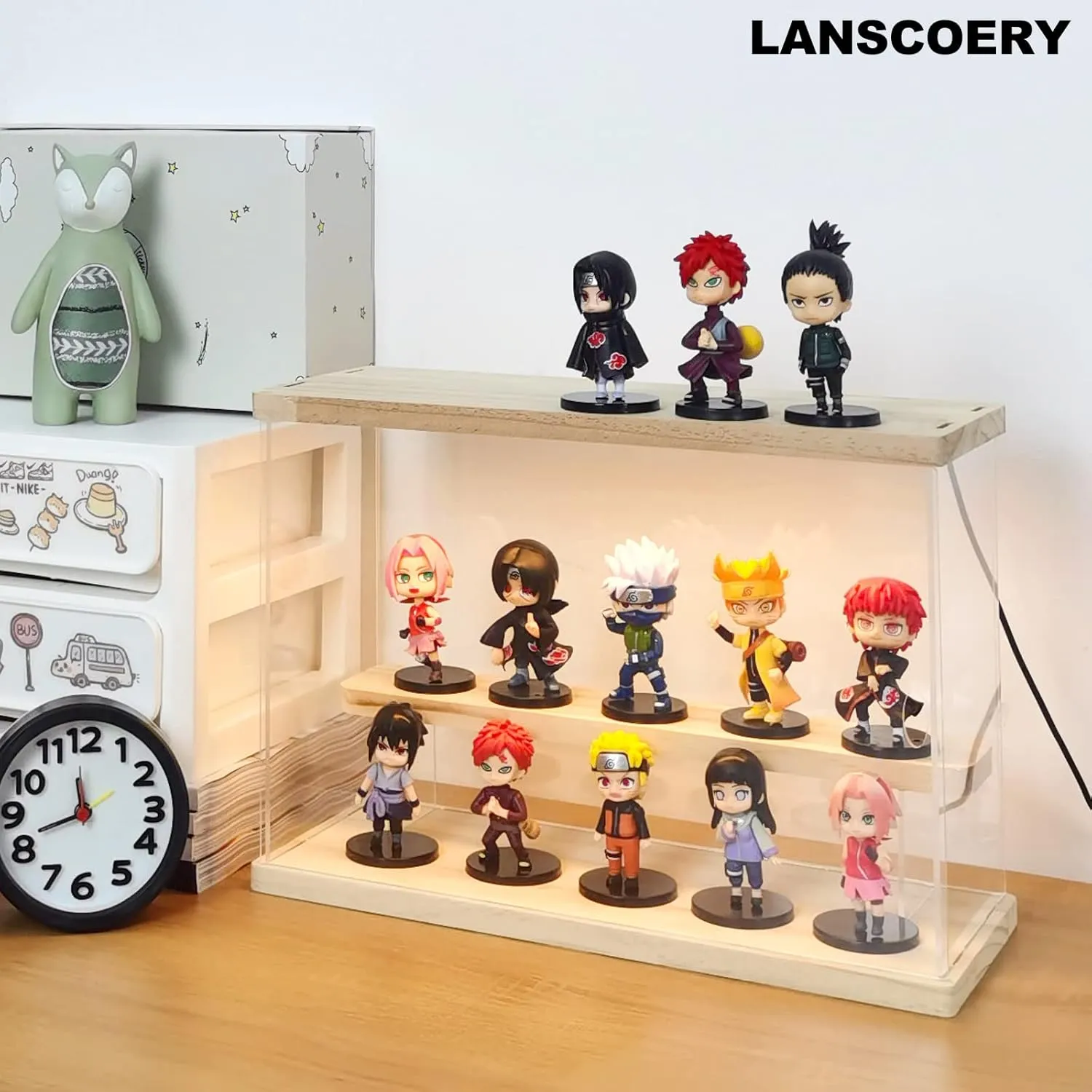 LANSCOERY Acrylic Display Case with LED Light, Clear 2 Tier Organization, Dustproof Wooden Display Box, Exclusive Showcase for Collectibles, Mini Figures and Funko Pop, 11.8x4.3x7.9inch