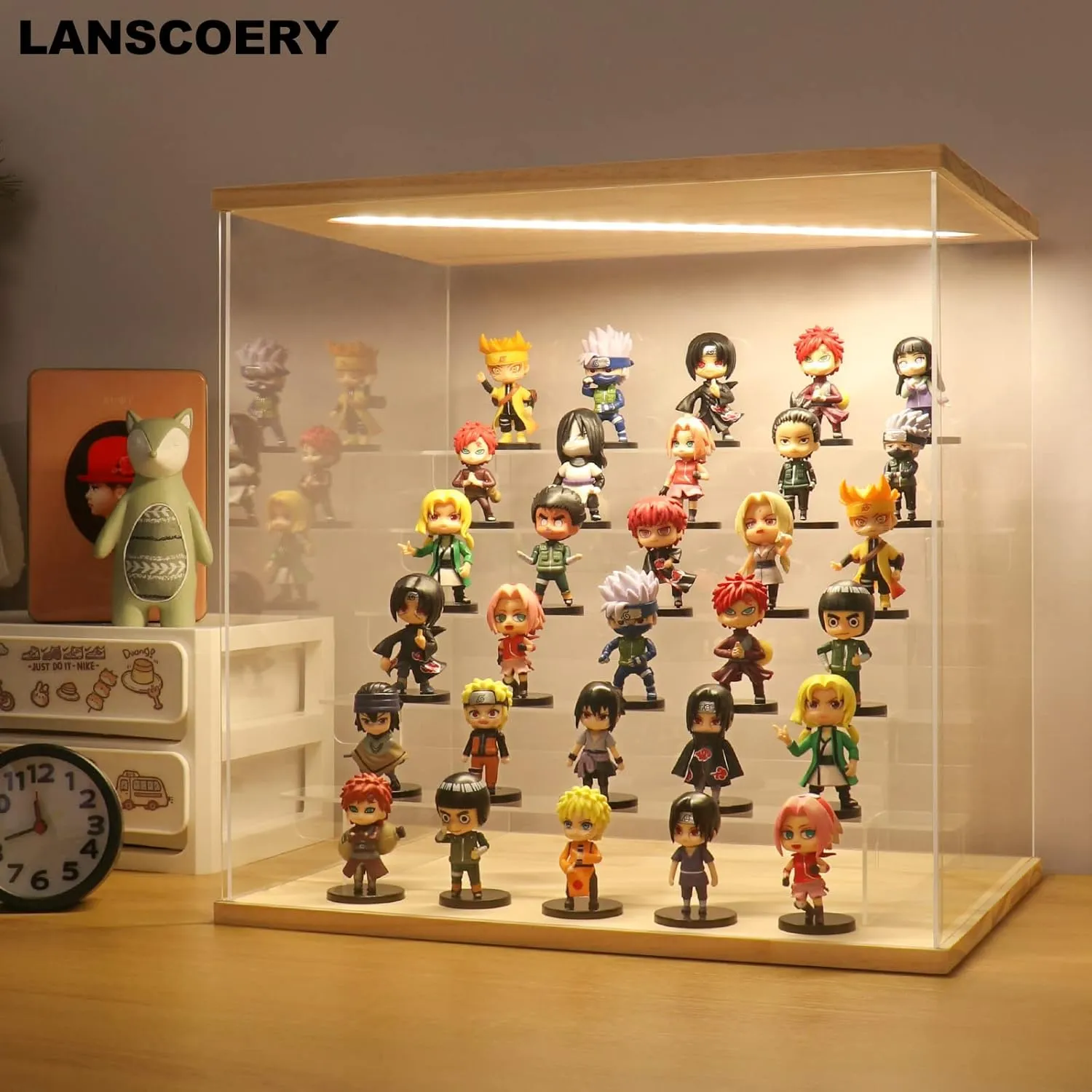 LANSCOERY Acrylic Display Case with LED Light, Clear 6 Tier Organization, Dustproof Wooden Display Box, Exclusive Showcase for Collectibles, Mini Figures and Funko Pop, 15.4x11.8x15inch
