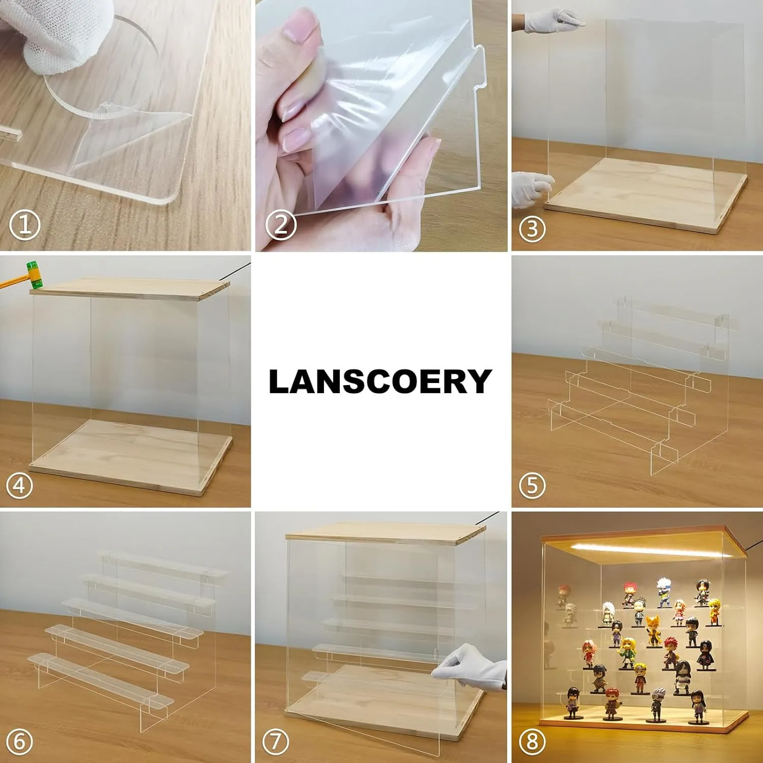 LANSCOERY Acrylic Display Case with LED Light, Clear 6 Tier Organization, Dustproof Wooden Display Box, Exclusive Showcase for Collectibles, Mini Figures and Funko Pop, 15.4x11.8x15inch