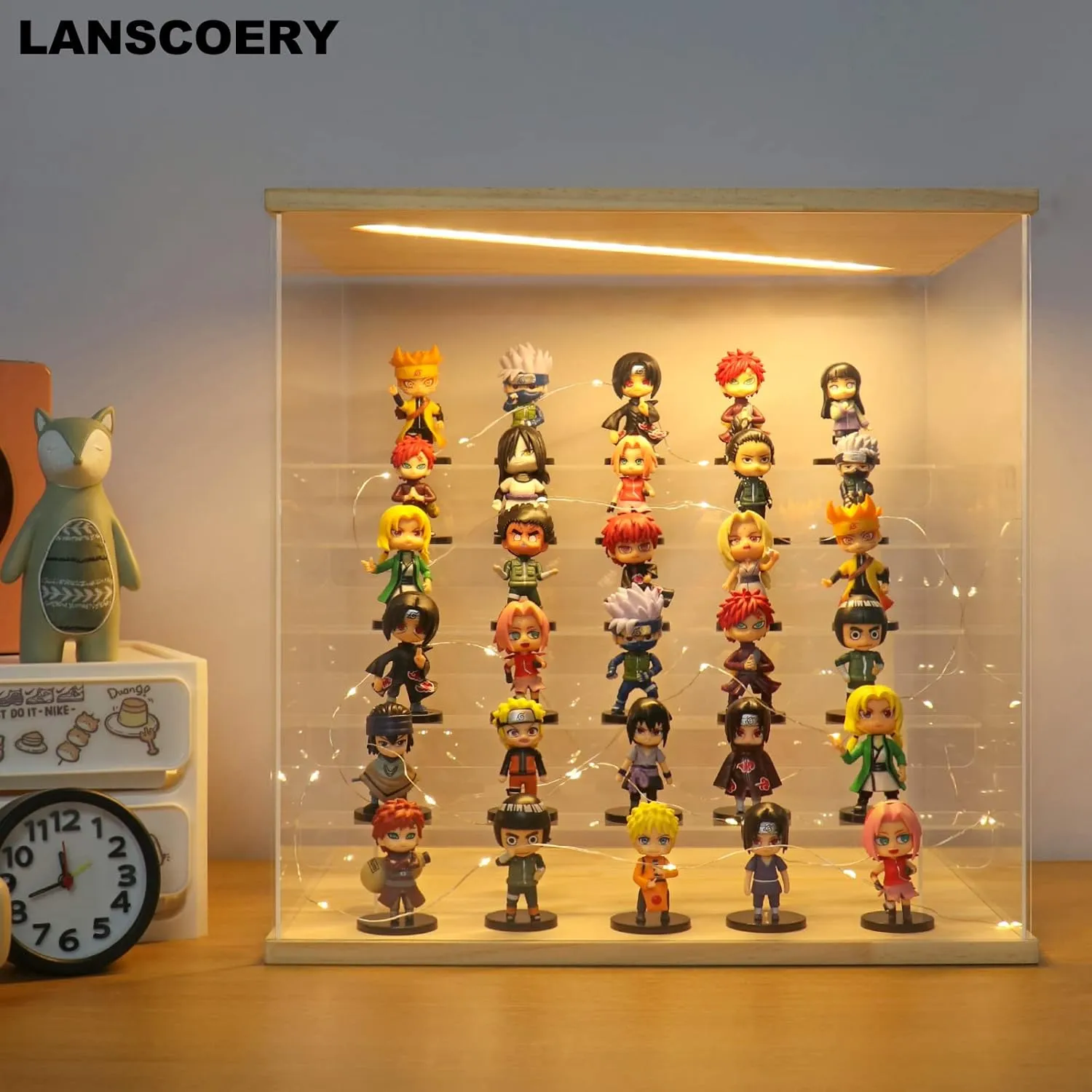 LANSCOERY Acrylic Display Case with LED Light, Clear 6 Tier Organization, Dustproof Wooden Display Box, Exclusive Showcase for Collectibles, Mini Figures and Funko Pop, 15.4x11.8x15inch