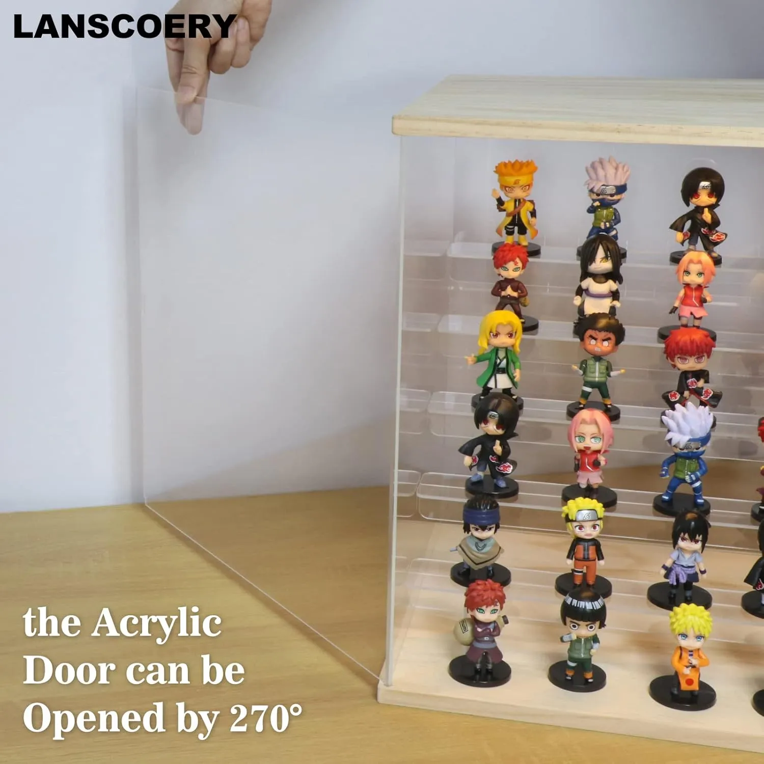LANSCOERY Acrylic Display Case with LED Light, Clear 6 Tier Organization, Dustproof Wooden Display Box, Exclusive Showcase for Collectibles, Mini Figures and Funko Pop, 15.4x11.8x15inch