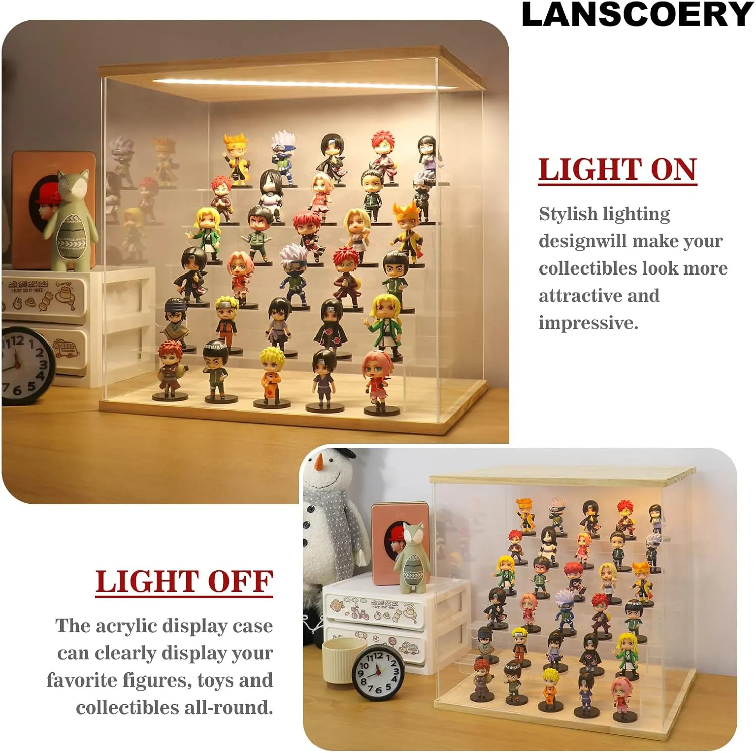 LANSCOERY Acrylic Display Case with LED Light, Clear 6 Tier Organization, Dustproof Wooden Display Box, Exclusive Showcase for Collectibles, Mini Figures and Funko Pop, 15.4x11.8x15inch