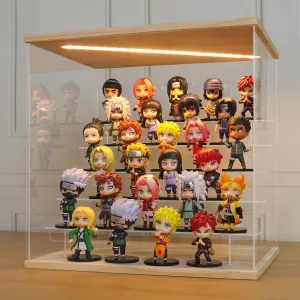 LANSCOERY Acrylic Display Case with LED Light, Clear 6 Tier Organization, Dustproof Wooden Display Box, Exclusive Showcase for Collectibles, Mini Figures and Funko Pop, 15.4x11.8x15inch