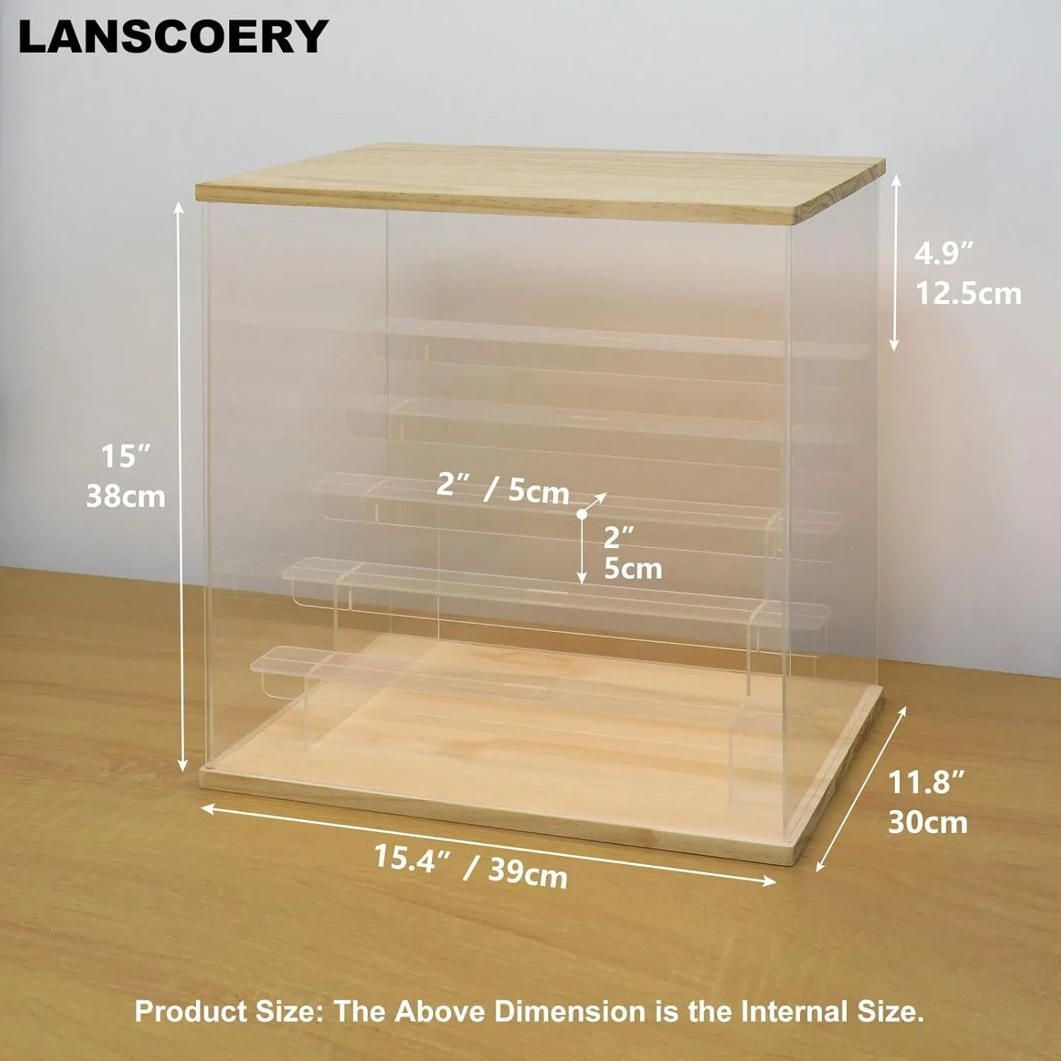 LANSCOERY Acrylic Display Case with LED Light, Clear 6 Tier Organization, Dustproof Wooden Display Box, Exclusive Showcase for Collectibles, Mini Figures and Funko Pop, 15.4x11.8x15inch