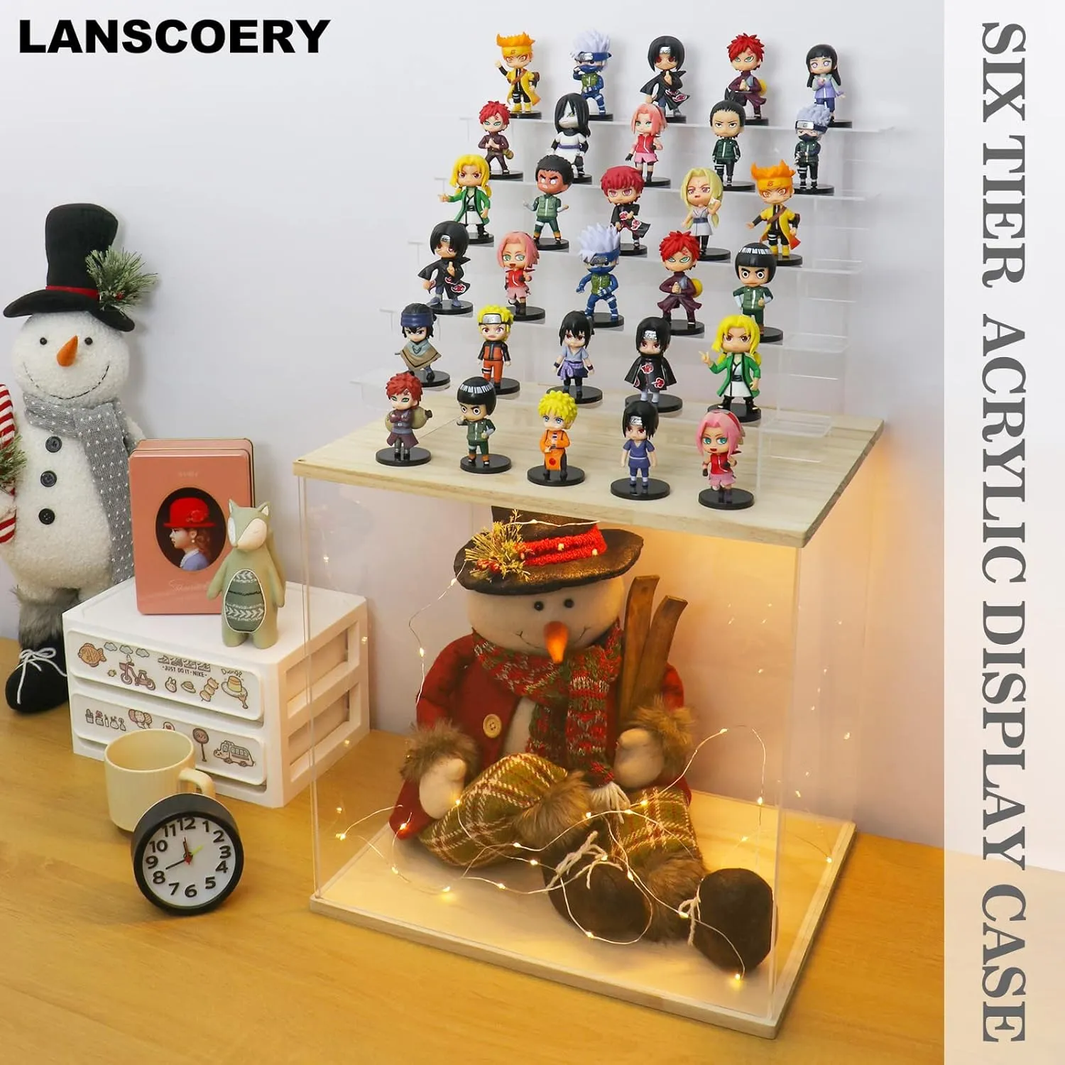 LANSCOERY Acrylic Display Case with LED Light, Clear 6 Tier Organization, Dustproof Wooden Display Box, Exclusive Showcase for Collectibles, Mini Figures and Funko Pop, 15.4x11.8x15inch