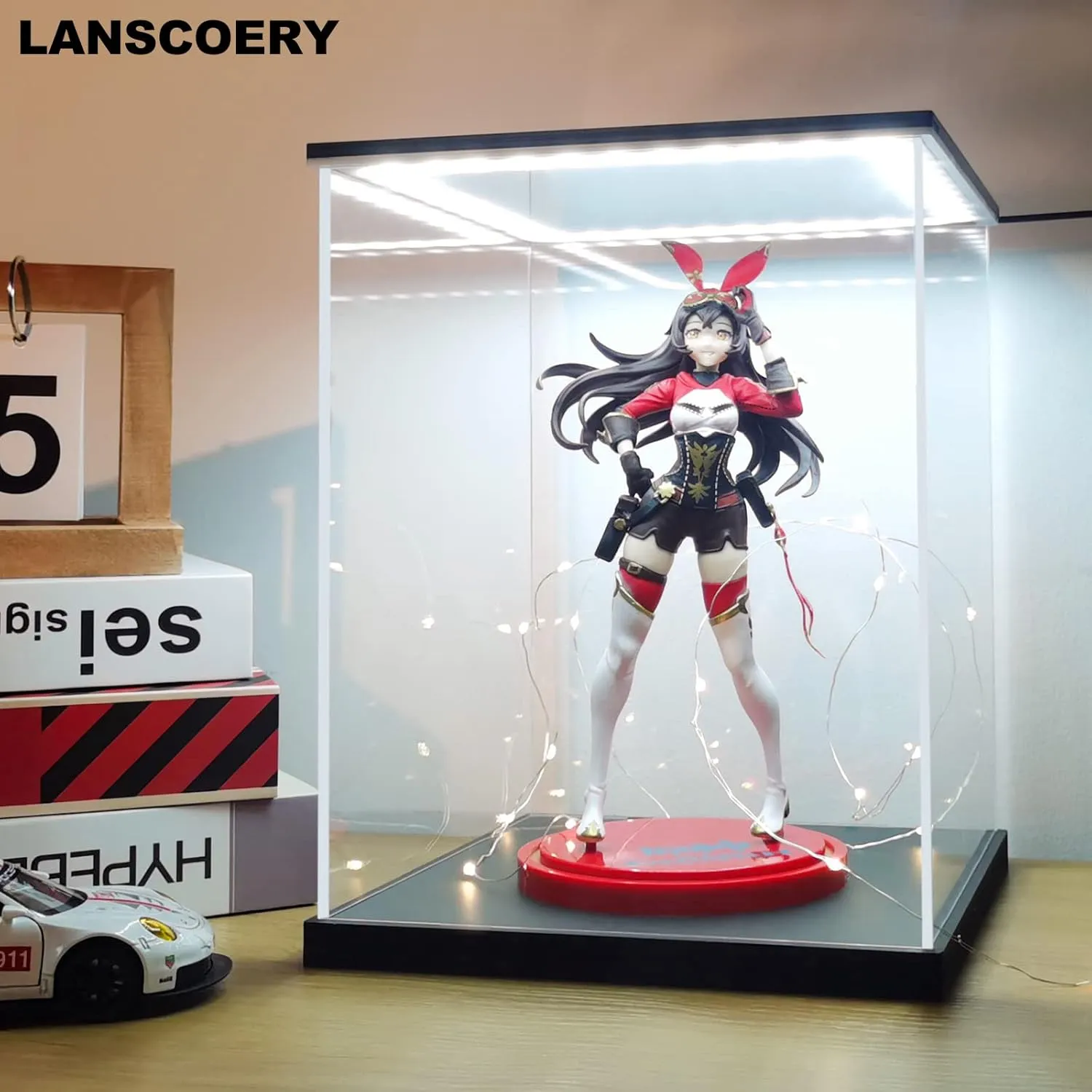 LANSCOERY Clear Acrylic Display Case with White and Warm LED Light, Showcase and Display Box, Dustproof with UV Protection, Perfect for Figures Collectibles - 11.8x11.8x15.7inch