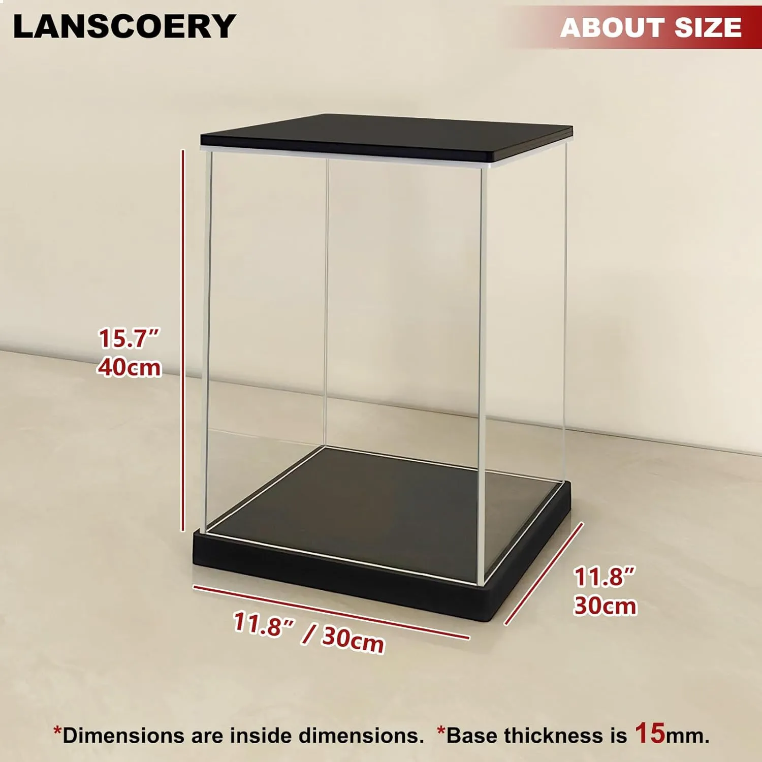 LANSCOERY Clear Acrylic Display Case with White and Warm LED Light, Showcase and Display Box, Dustproof with UV Protection, Perfect for Figures Collectibles - 11.8x11.8x15.7inch