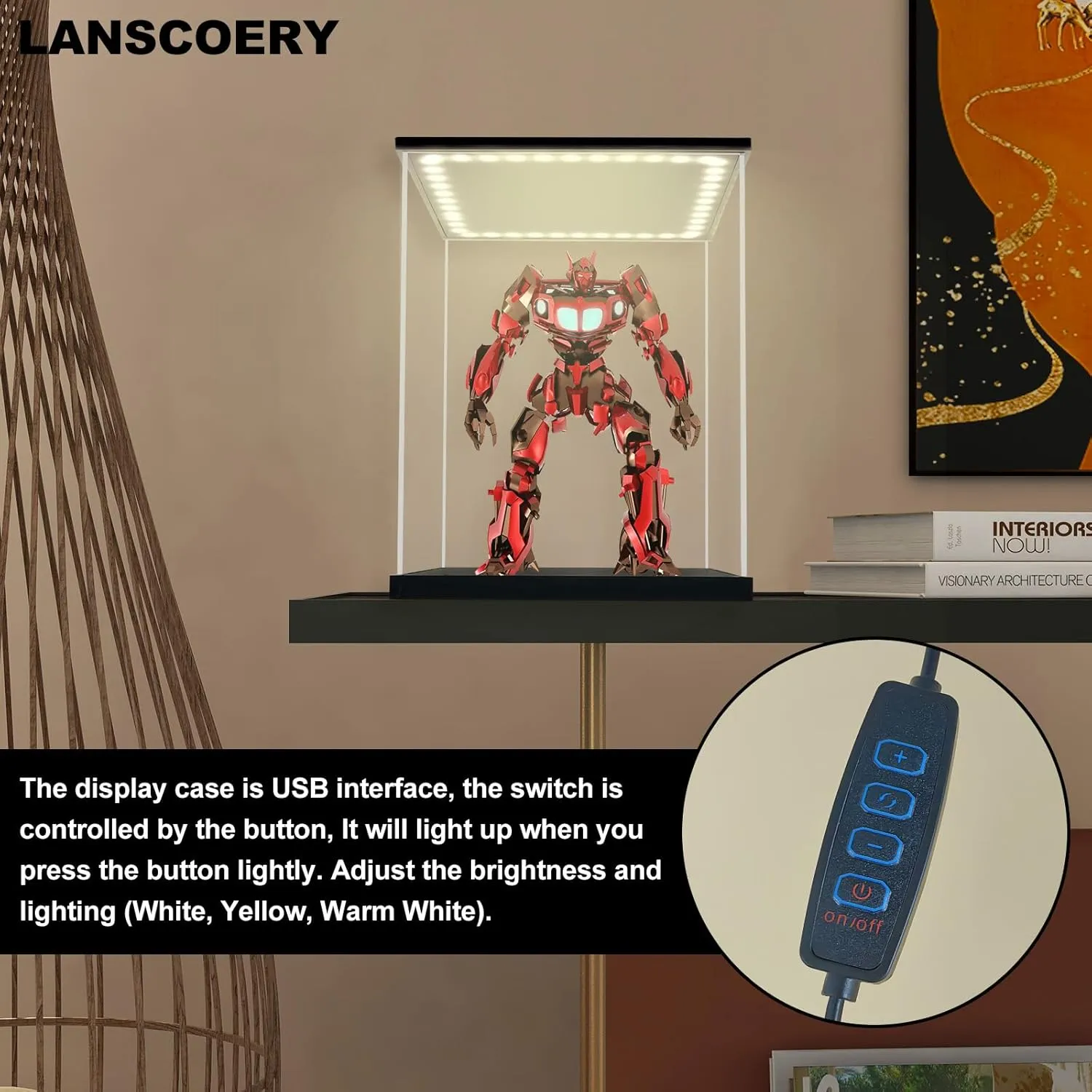 LANSCOERY Clear Acrylic Display Case with White and Warm LED Light, Showcase and Display Box, Dustproof with UV Protection, Perfect for Figures Collectibles - 11.8x11.8x15.7inch