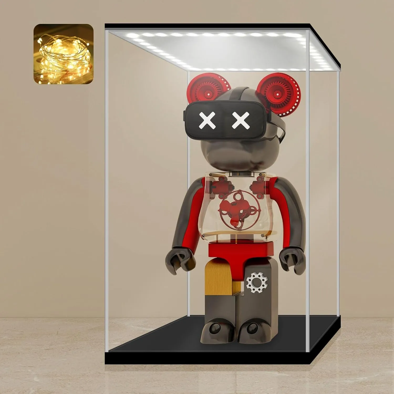 LANSCOERY Clear Acrylic Display Case with White and Warm LED Light, Showcase and Display Box, Dustproof with UV Protection, Perfect for Figures Collectibles - 11.8x11.8x15.7inch