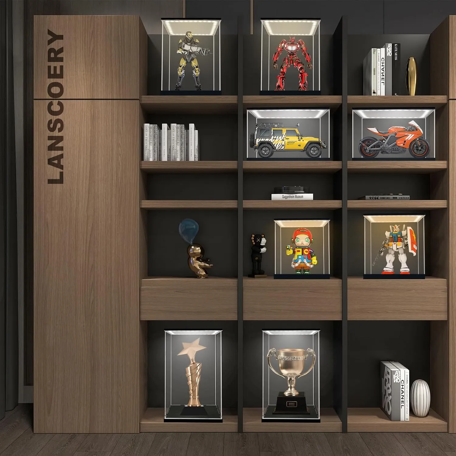 LANSCOERY Clear Acrylic Display Case with White and Warm LED Light, Showcase and Display Box, Dustproof with UV Protection, Perfect for Figures Collectibles - 11.8x11.8x15.7inch