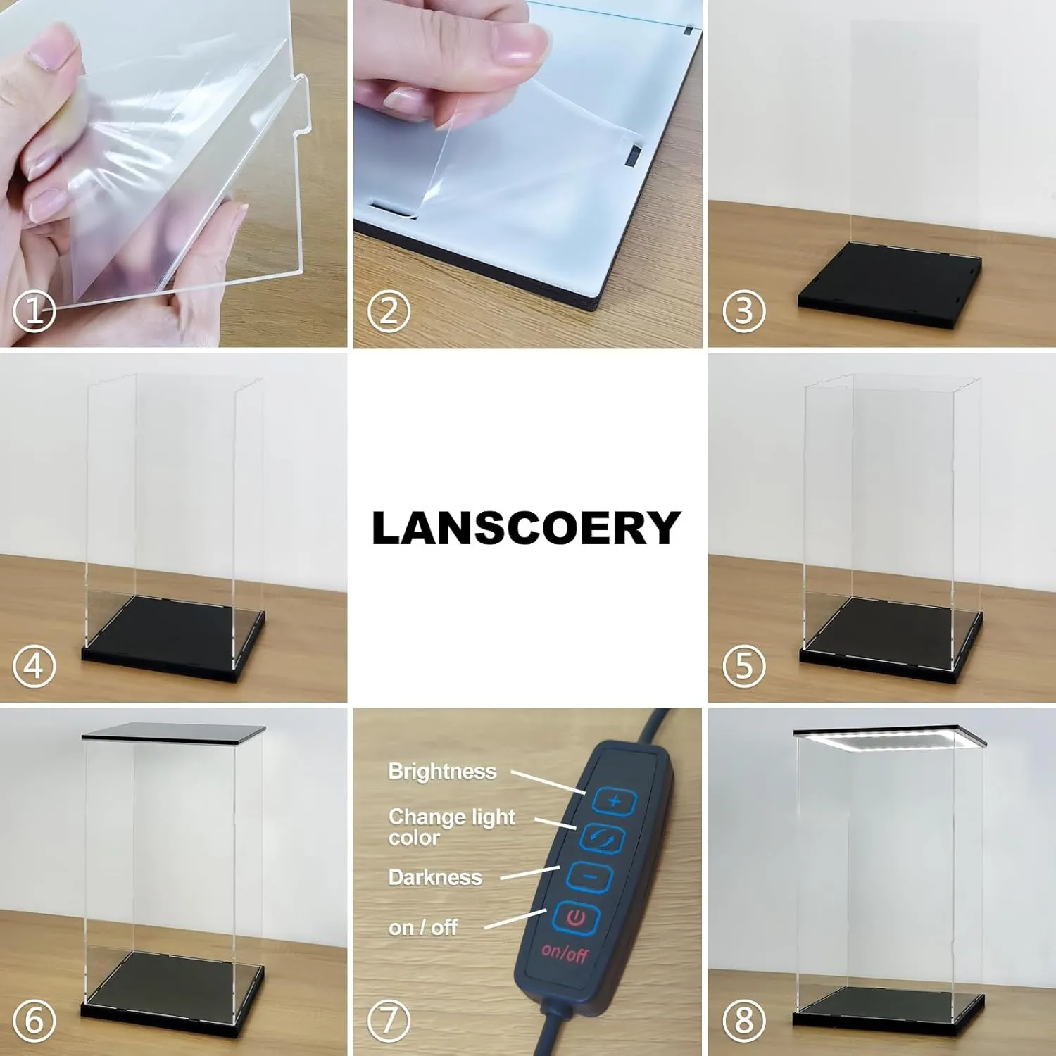 LANSCOERY Clear Acrylic Display Case with White and Warm LED Light, Showcase and Display Box, Dustproof with UV Protection, Perfect for Figures Collectibles - 11.8x11.8x15.7inch