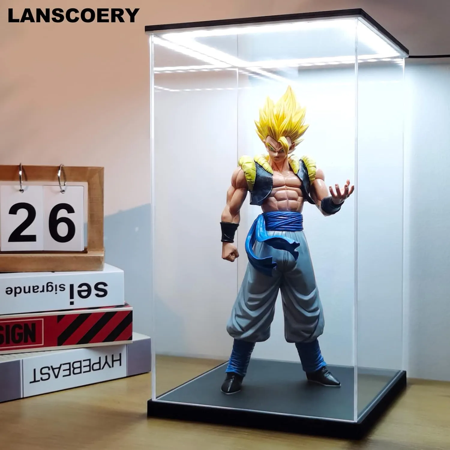 LANSCOERY Clear Acrylic Display Case with White and Warm LED Light, Showcase and Display Box, Dustproof with UV Protection, Perfect for Figures Collectibles - 11.8x11.8x15.7inch