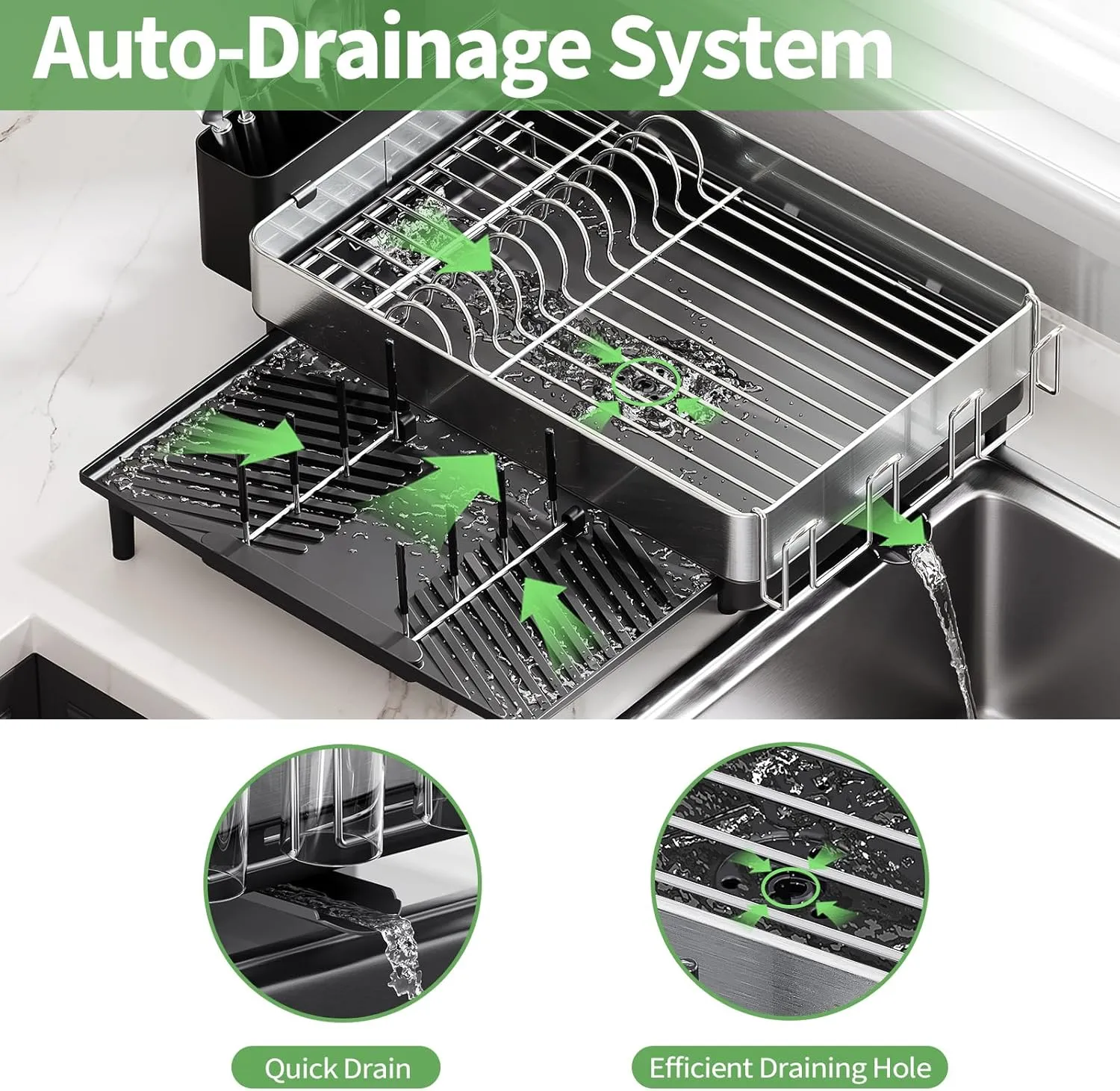 Large Dish Drying Rack for Kitchen Counter, Expandable 304 Stainless Steel Dish Rack, Black Foldable Dish Drainer Rack, Extendable Dish Dryer Rack with Cup & Cutlery Holder