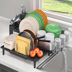 Large Dish Drying Rack for Kitchen Counter, Expandable 304 Stainless Steel Dish Rack, Black Foldable Dish Drainer Rack, Extendable Dish Dryer Rack with Cup & Cutlery Holder