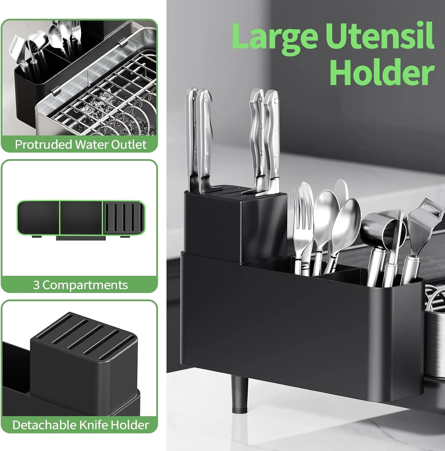 Large Dish Drying Rack for Kitchen Counter, Expandable 304 Stainless Steel Dish Rack, Black Foldable Dish Drainer Rack, Extendable Dish Dryer Rack with Cup & Cutlery Holder