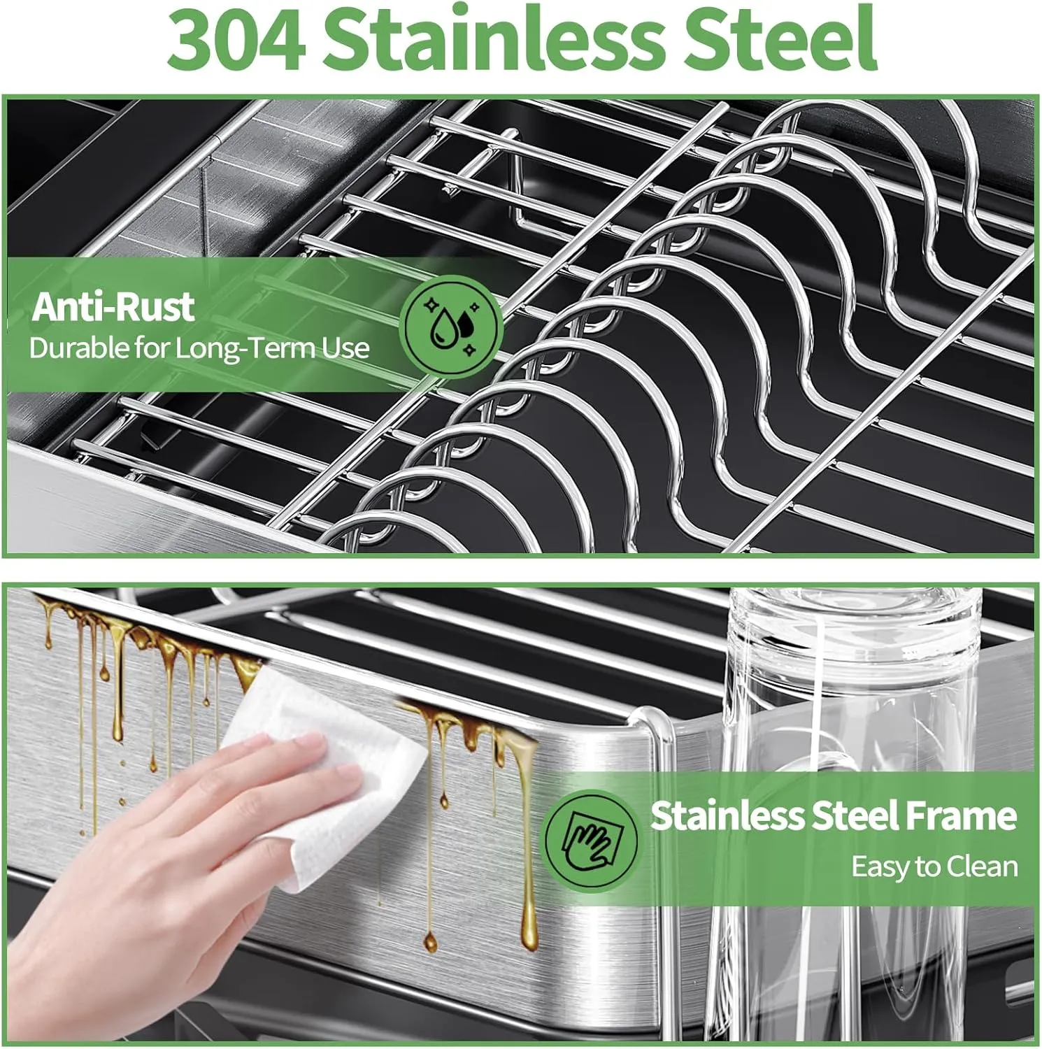 Large Dish Drying Rack for Kitchen Counter, Expandable 304 Stainless Steel Dish Rack, Black Foldable Dish Drainer Rack, Extendable Dish Dryer Rack with Cup & Cutlery Holder