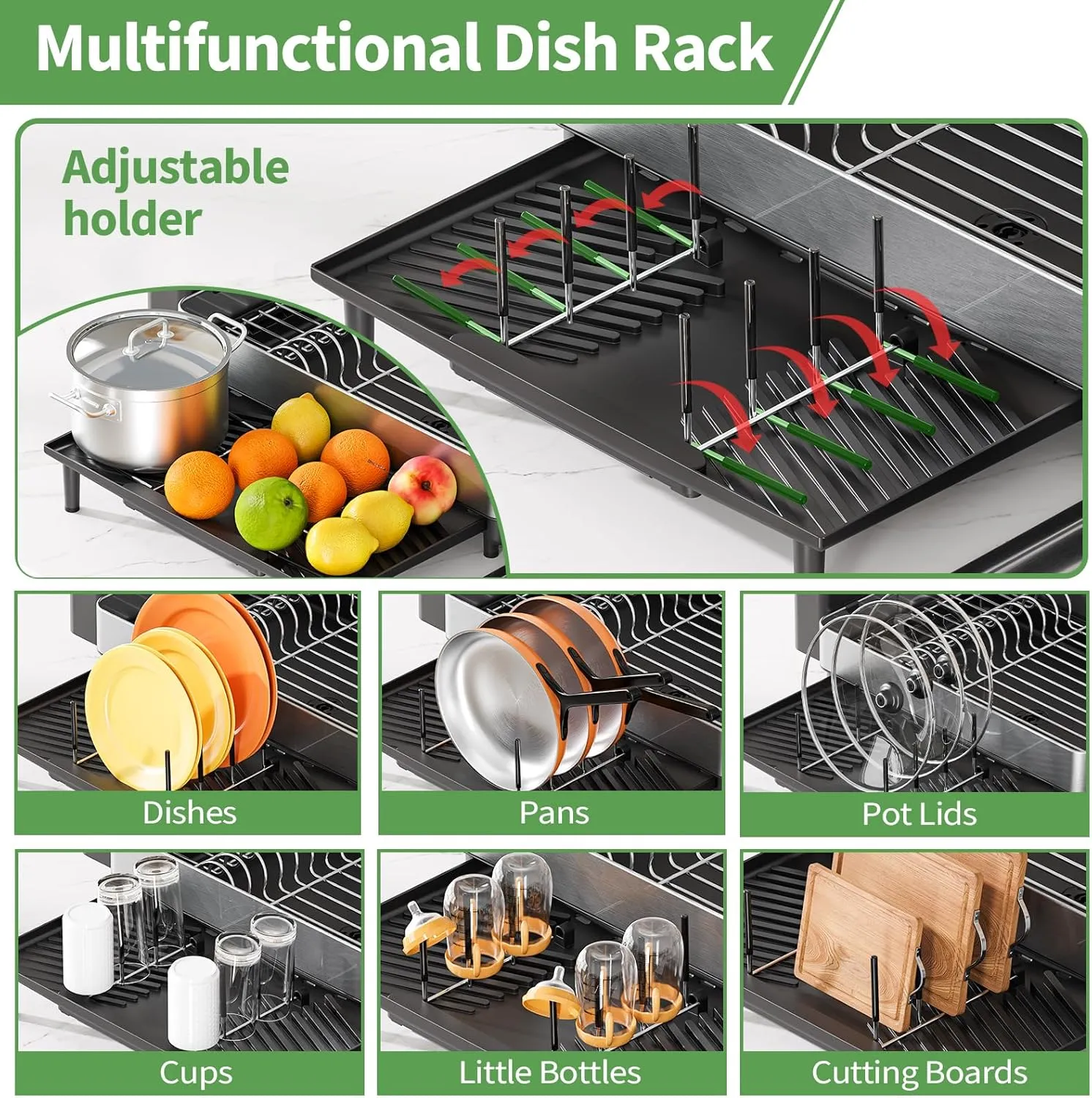 Large Dish Drying Rack for Kitchen Counter, Expandable 304 Stainless Steel Dish Rack, Black Foldable Dish Drainer Rack, Extendable Dish Dryer Rack with Cup & Cutlery Holder