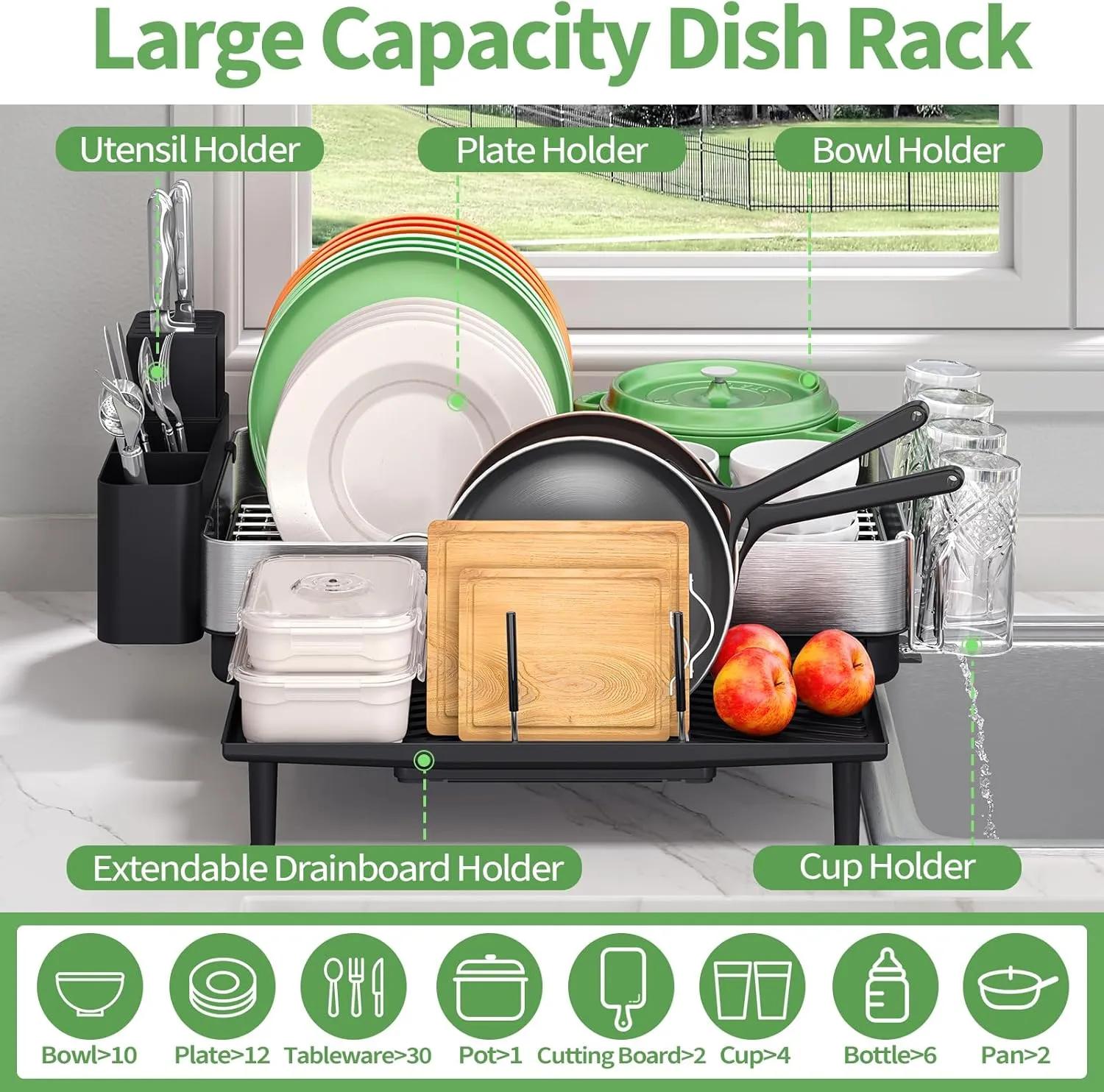 Large Dish Drying Rack for Kitchen Counter, Expandable 304 Stainless Steel Dish Rack, Black Foldable Dish Drainer Rack, Extendable Dish Dryer Rack with Cup & Cutlery Holder