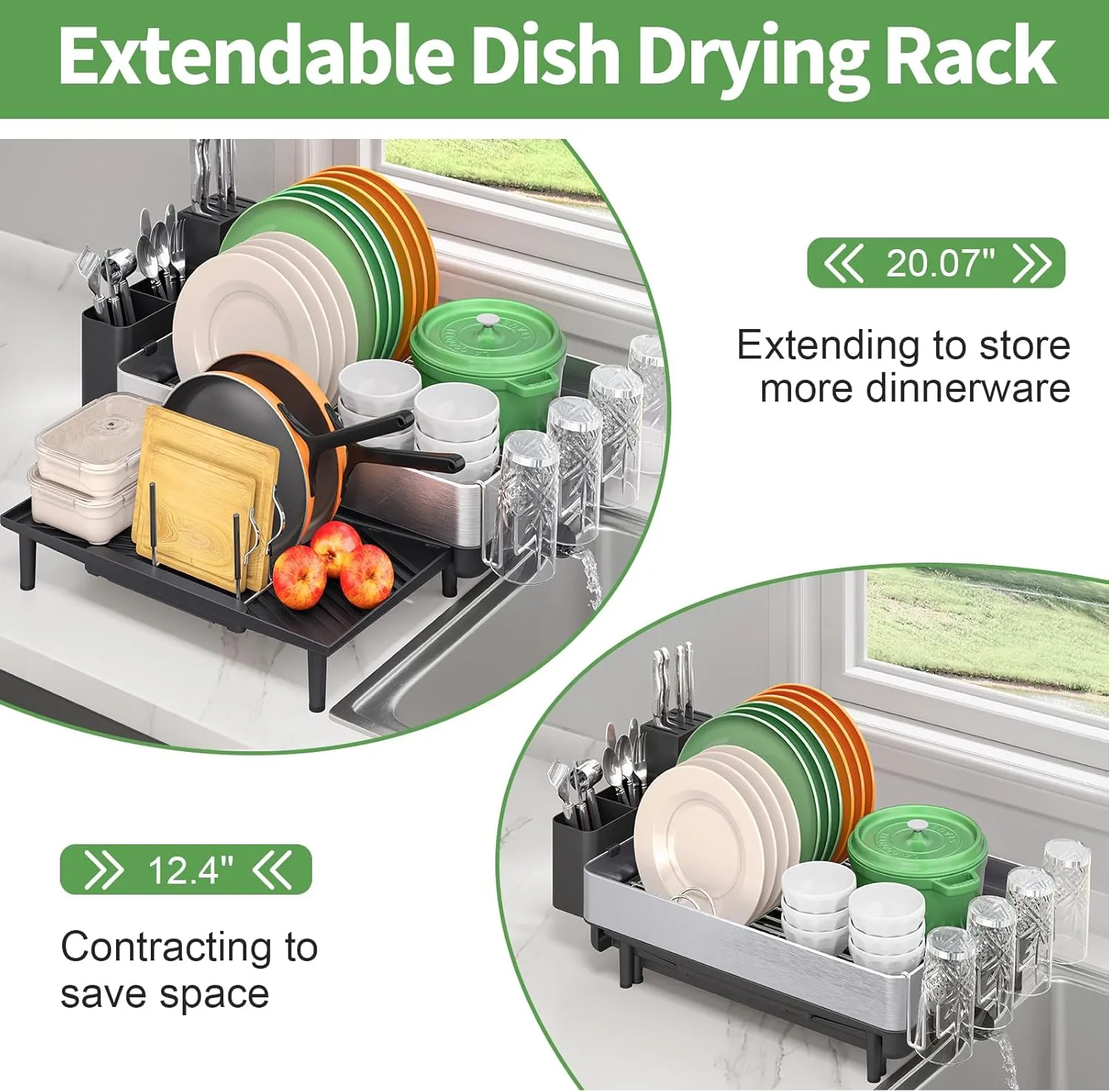 Large Dish Drying Rack for Kitchen Counter, Expandable 304 Stainless Steel Dish Rack, Black Foldable Dish Drainer Rack, Extendable Dish Dryer Rack with Cup & Cutlery Holder