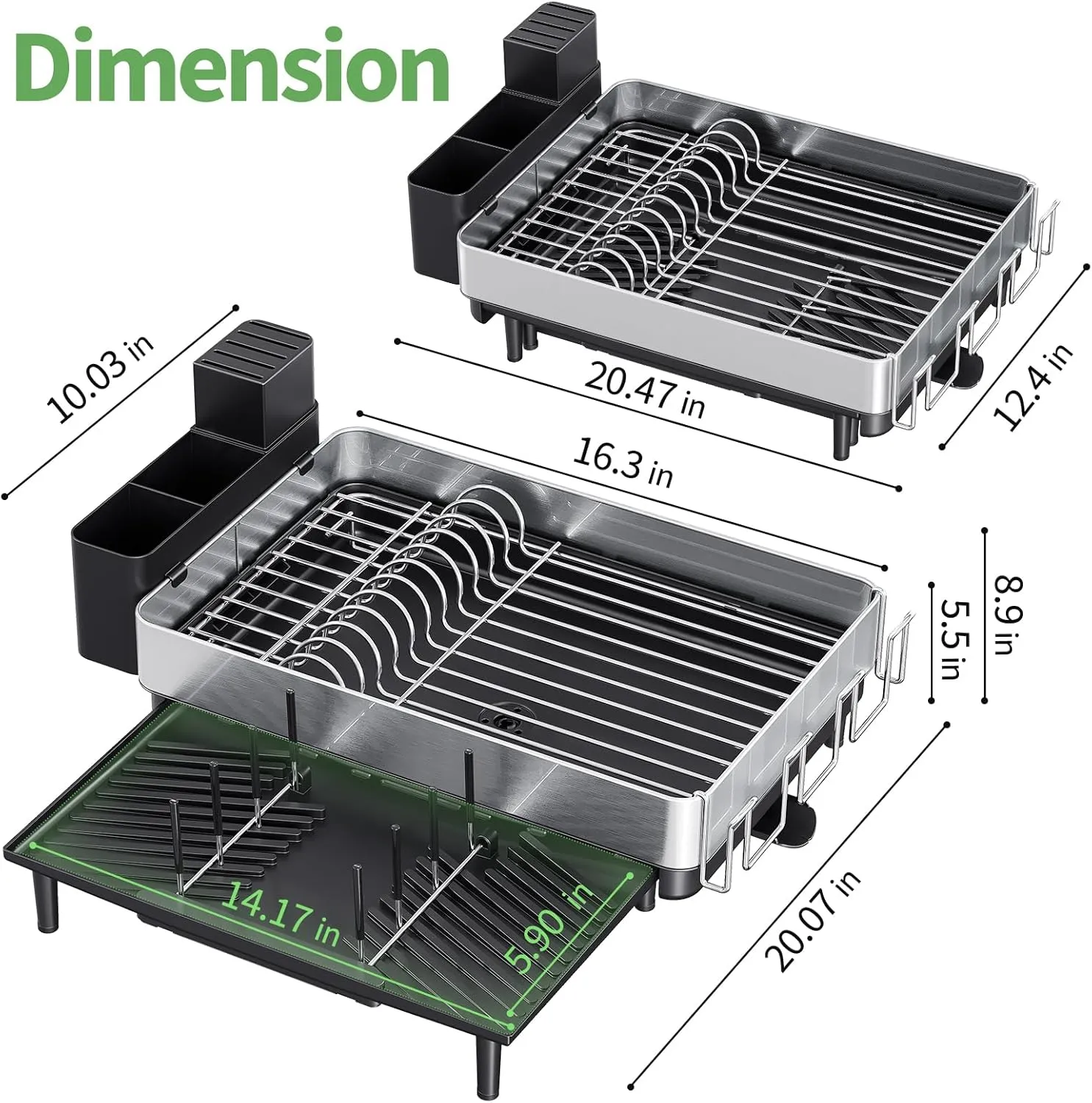 Large Dish Drying Rack for Kitchen Counter, Expandable 304 Stainless Steel Dish Rack, Black Foldable Dish Drainer Rack, Extendable Dish Dryer Rack with Cup & Cutlery Holder