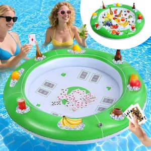 Large Floating Card Table for Pool, Inflatable Pool Games Table for Adults, 40in Waterproof Floating Pool Bar, Pool Accessories Fruit Drink Holder Cooler Tray for Summer, 4-6 People Card Games