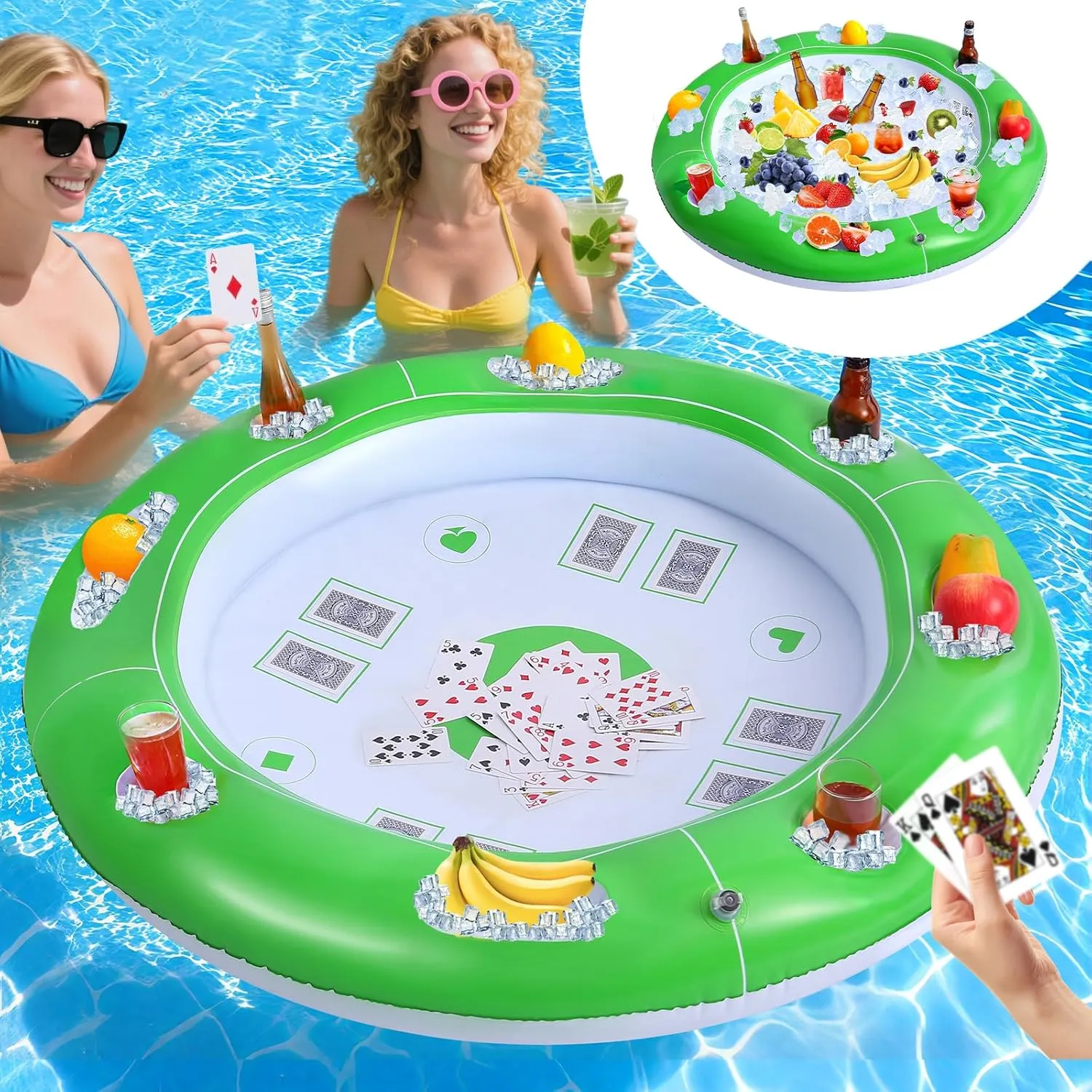 Large Floating Card Table for Pool, Inflatable Pool Games Table for Adults, 40in Waterproof Floating Pool Bar, Pool Accessories Fruit Drink Holder Cooler Tray for Summer, 4-6 People Card Games