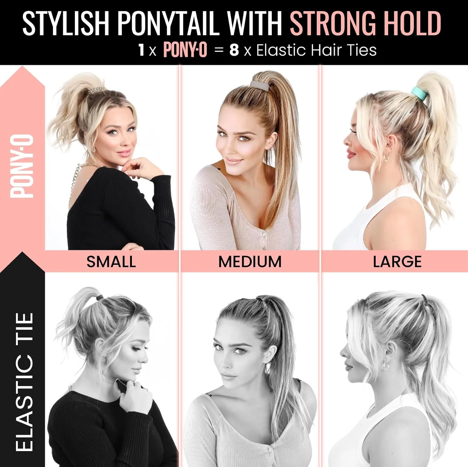 Large PONY-O for Thick, Heavy or Curly Hair - PONY-O Revolutionary Patented Bendable Hair Tie Ponytail Holders - 2 pack Black & Light Brown