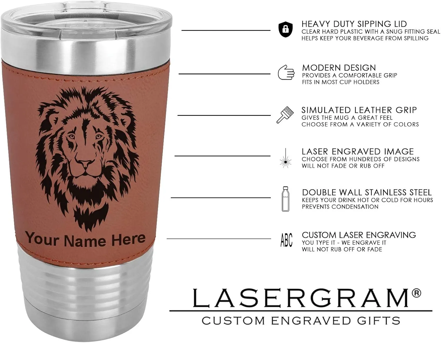 LaserGram 20oz Vacuum Insulated Tumbler Mug, Bass Fish, Personalized Engraving Included (Faux Leather, Dark Brown)