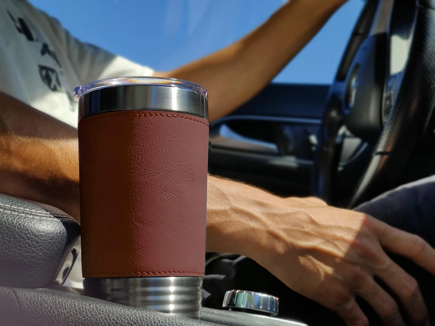 LaserGram 20oz Vacuum Insulated Tumbler Mug, Bass Fish, Personalized Engraving Included (Faux Leather, Dark Brown)