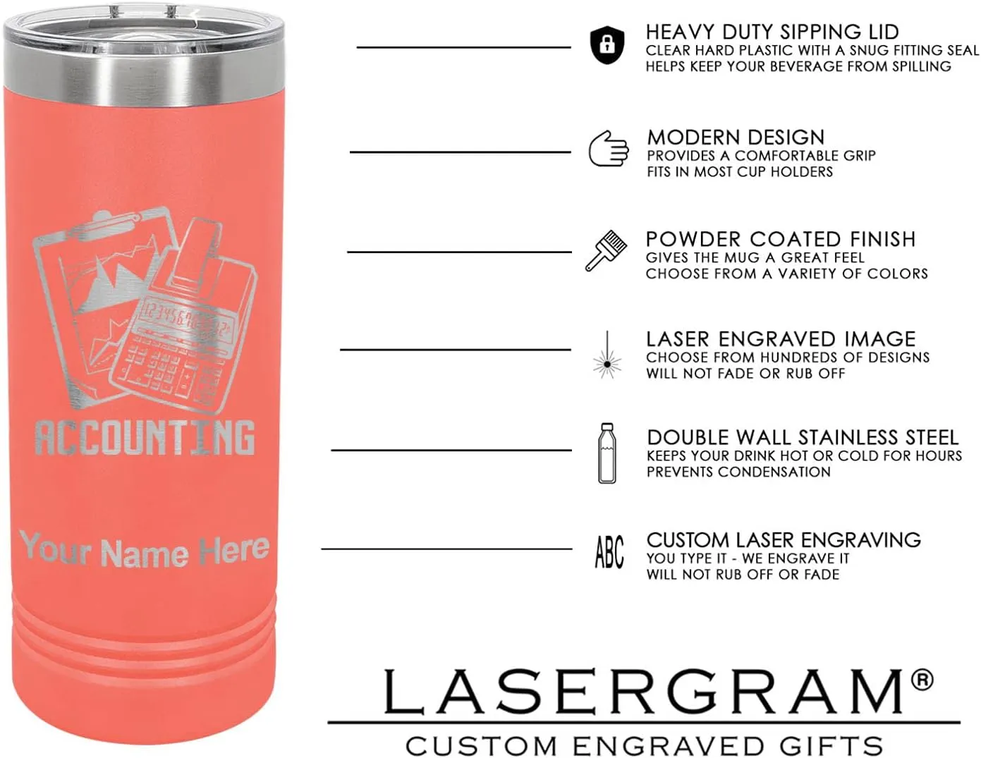 LaserGram 22oz Vacuum Insulated Skinny Tumbler, Boat Anchor, Personalized Engraving Included (Coral)