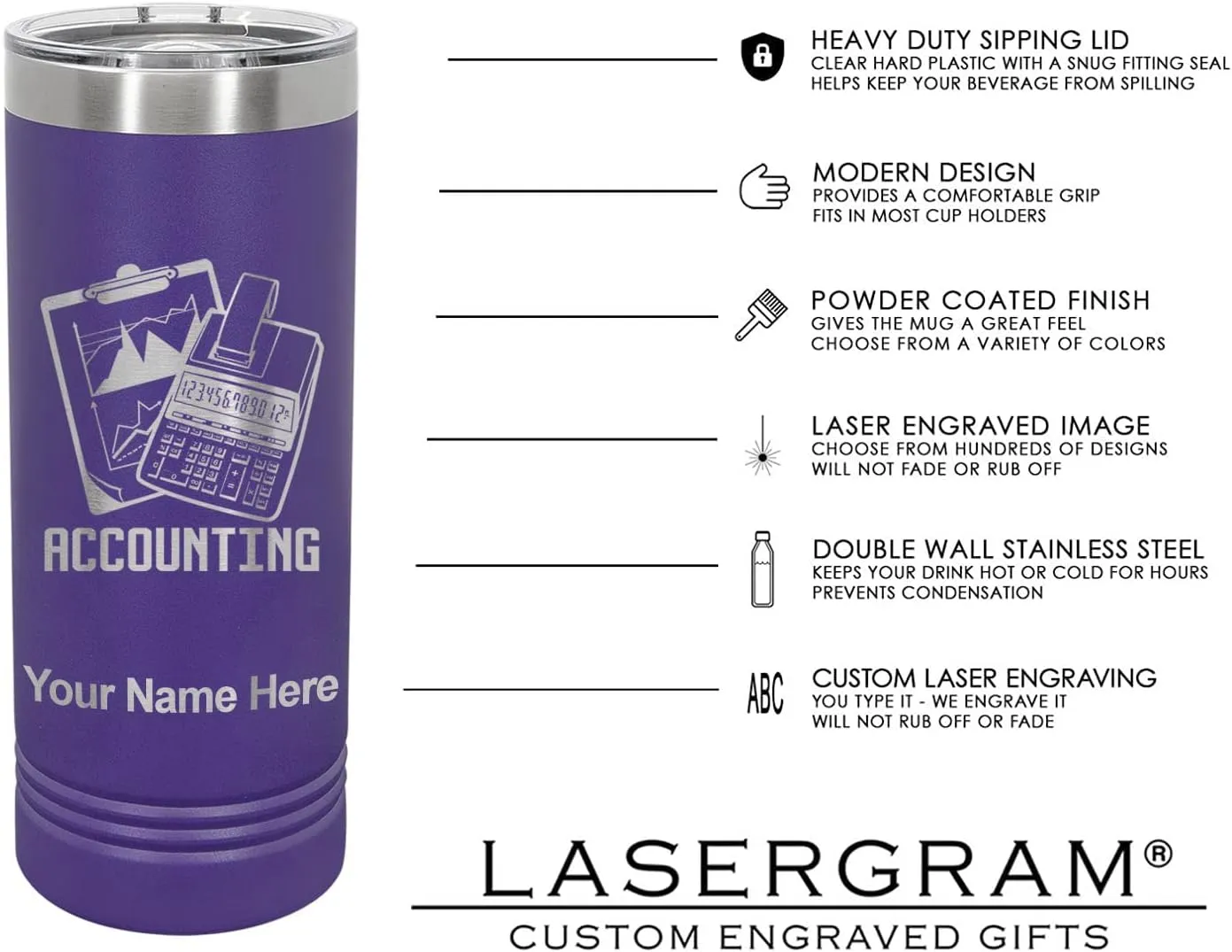 LaserGram 22oz Vacuum Insulated Skinny Tumbler, Boat Anchor, Personalized Engraving Included (Dark Purple)